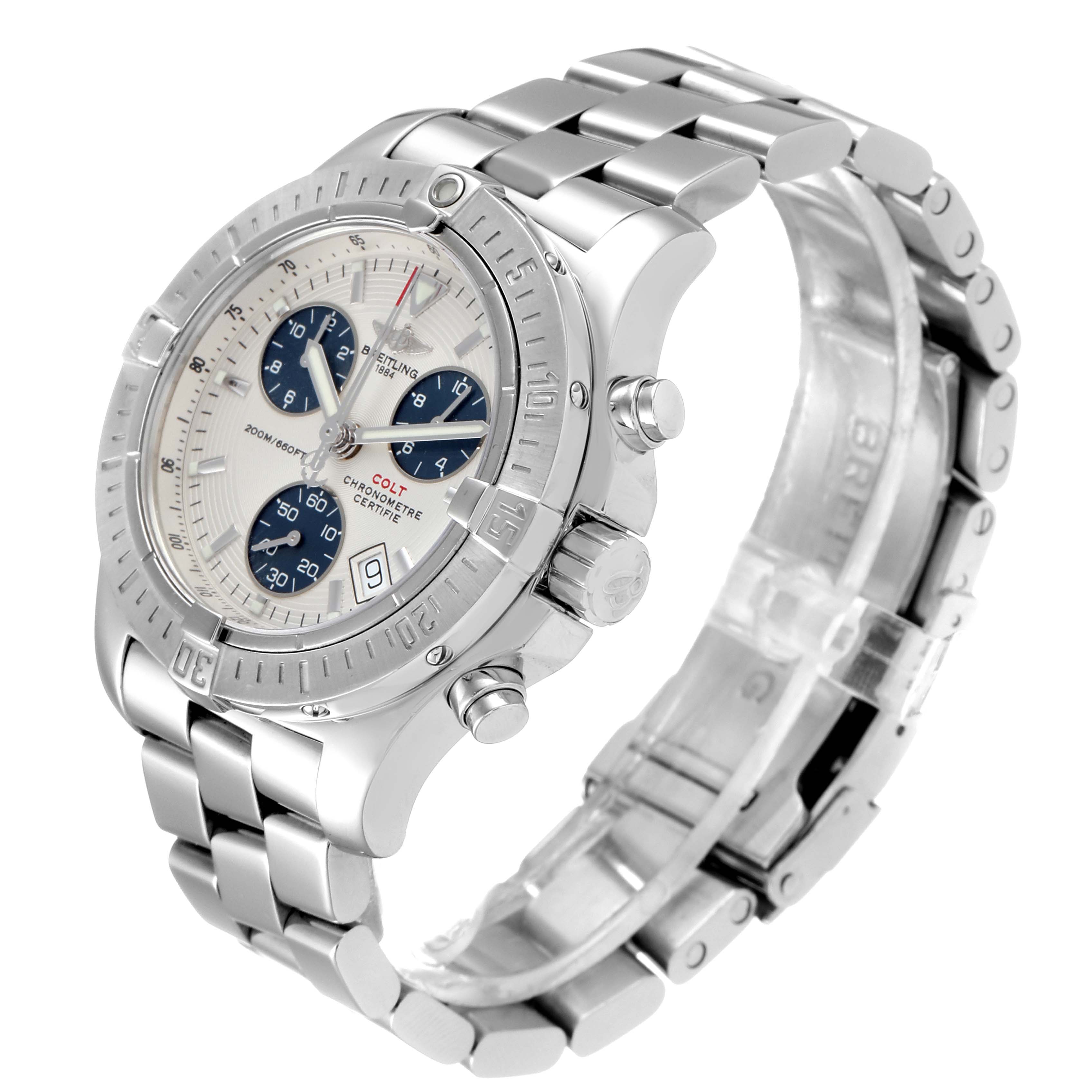 This image shows a side angle of the Breitling Colt A73380 Men's Stainless Steel White Dial A73380 Men's Stainless Steel White Dial watch, highlighting the bezel, face, chronograph buttons, and metal bracelet.