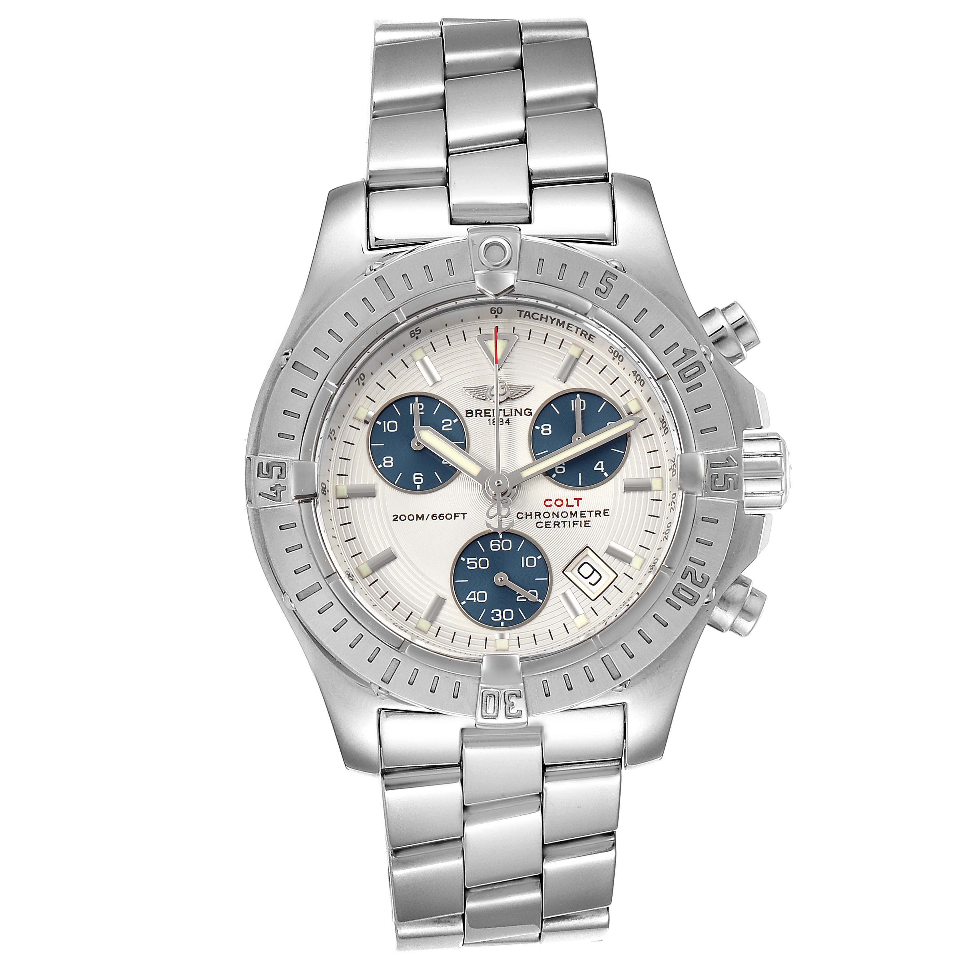 The Breitling Colt A73380 Men's Stainless Steel White Dial A73380 Men's Stainless Steel White Dial watch is shown from the front, displaying its dial, bezel, chronograph subdials, and wristband.