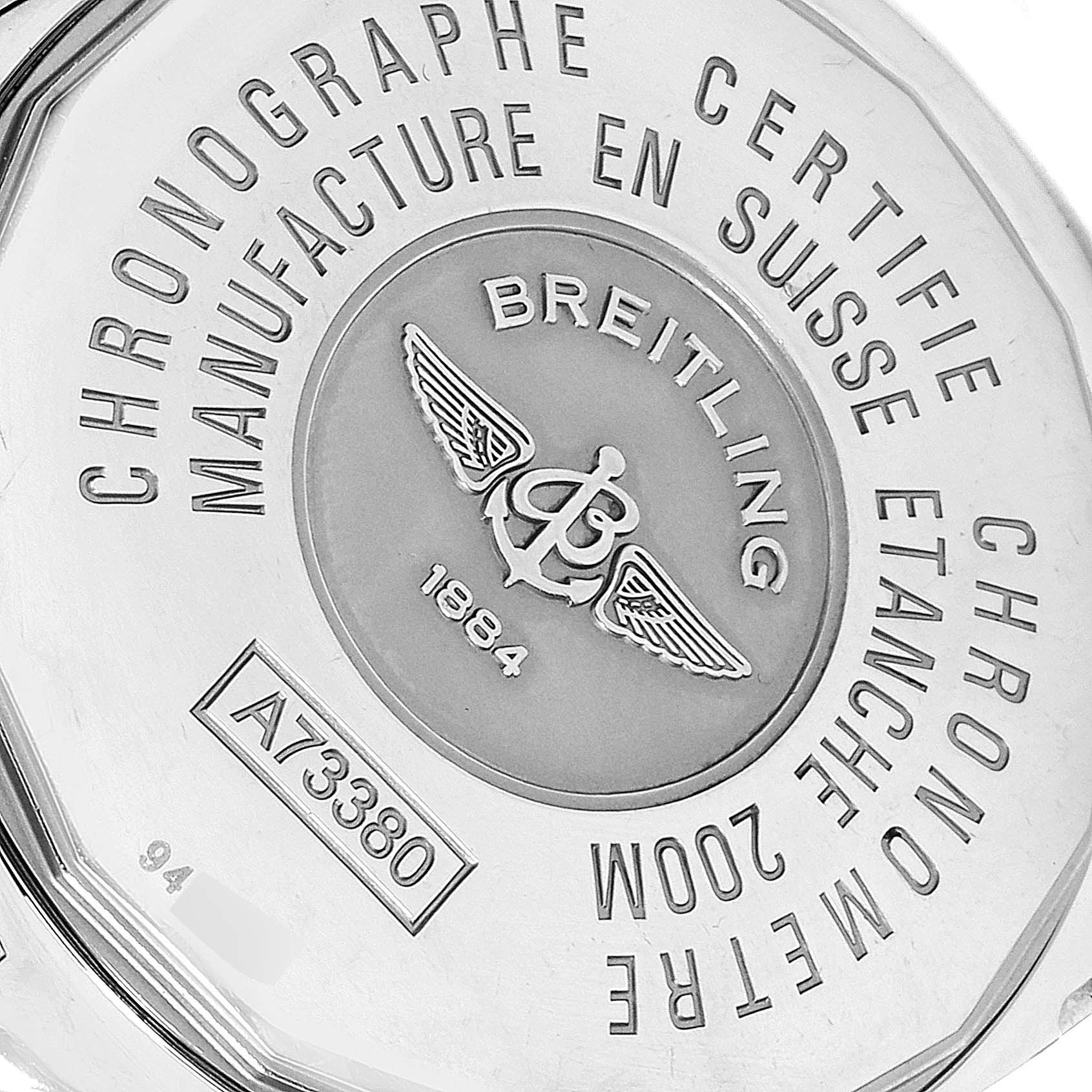 This image shows the back case of a Breitling Colt A73380 Men's Stainless Steel White Dial A73380 Men's Stainless Steel White Dial watch, featuring the brand's logo, and model information.