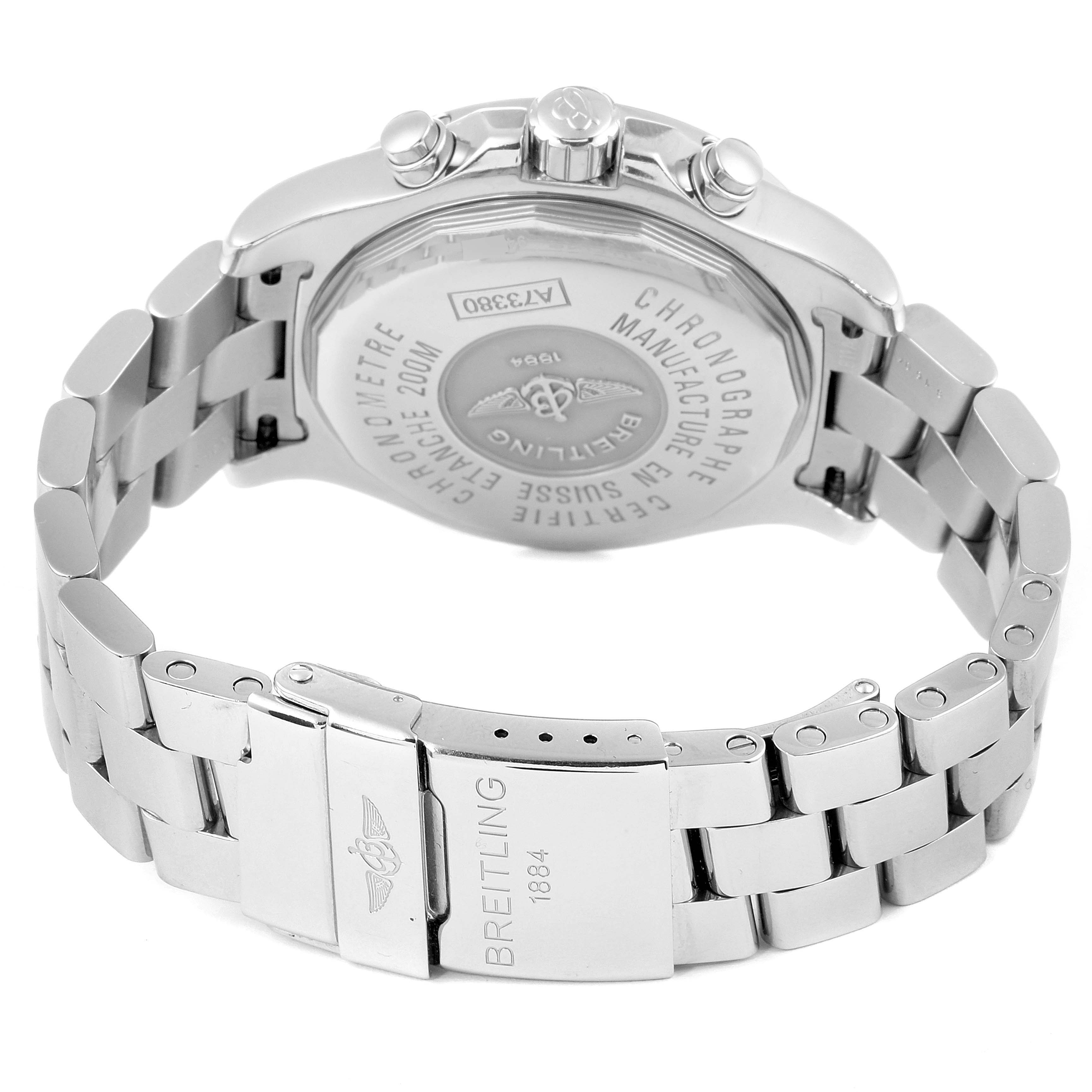 This image shows the back view of the Breitling Colt A73380 Men's Stainless Steel White Dial A73380 Men's Stainless Steel White Dial watch, highlighting the stainless steel case back, crown, buttons, and bracelet.