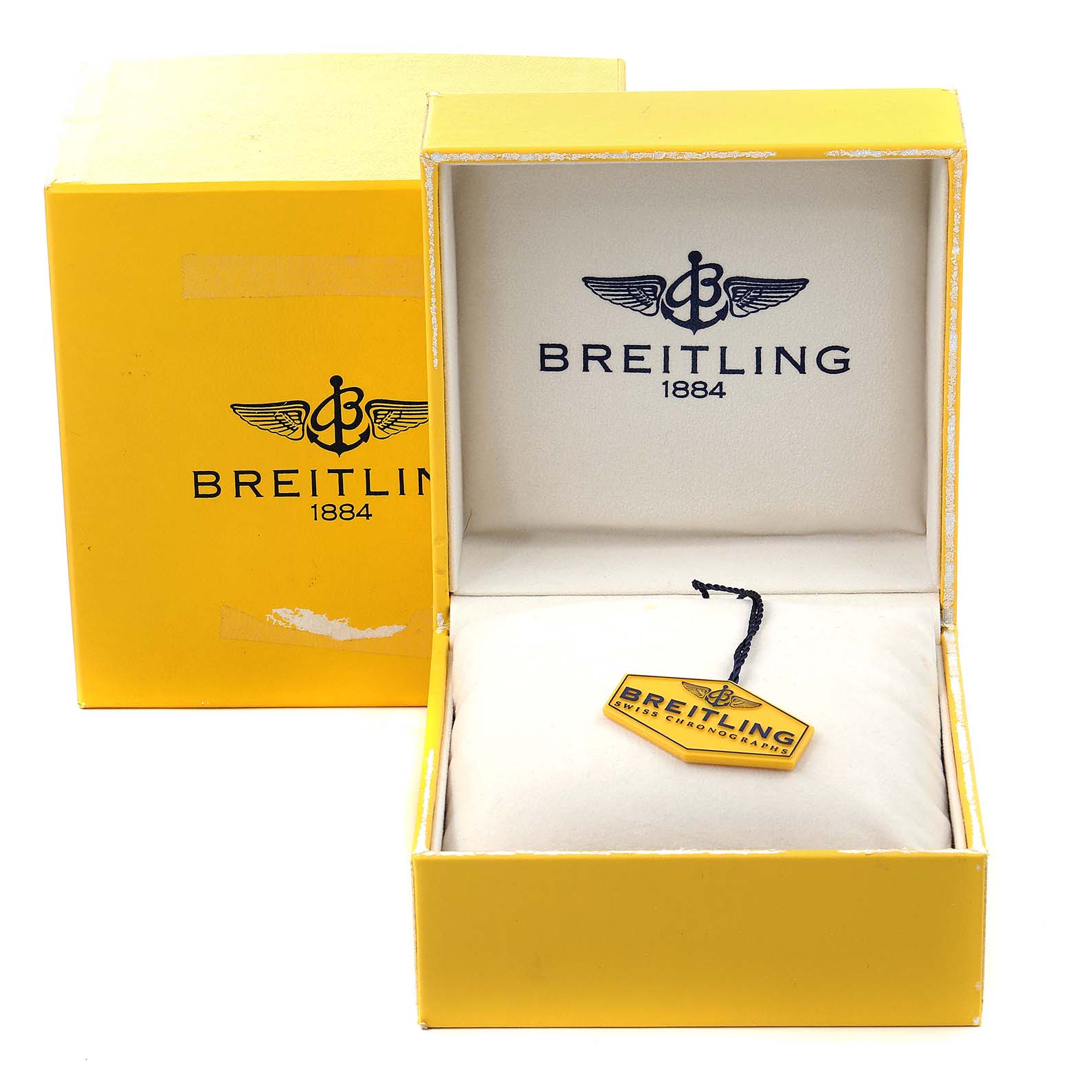 The image shows a Breitling Colt A73380 Men's Stainless Steel White Dial A73380 Men's Stainless Steel White Dial watch box, with the outer box, inner box, and a Breitling tag inside.