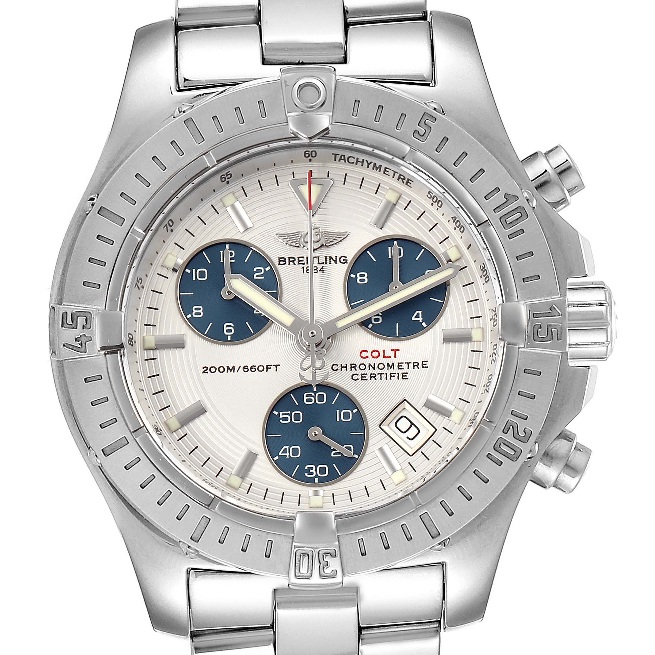 The image shows a frontal view of the Breitling Colt A73380 Men's Stainless Steel White Dial A73380 Men's Stainless Steel White Dial watch, displaying its dial, bezel, chronograph subdials, and bracelet.