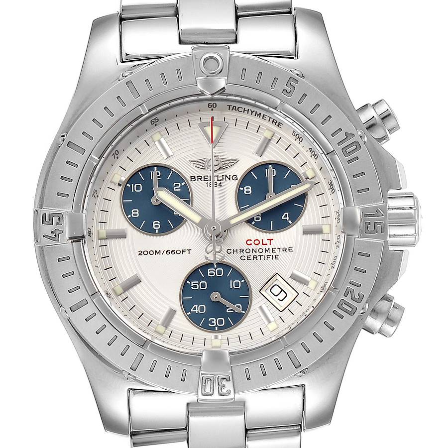 Breitling Colt Chronograph Blue Subdials Steel Mens Watch A73380 SwissWatchExpo