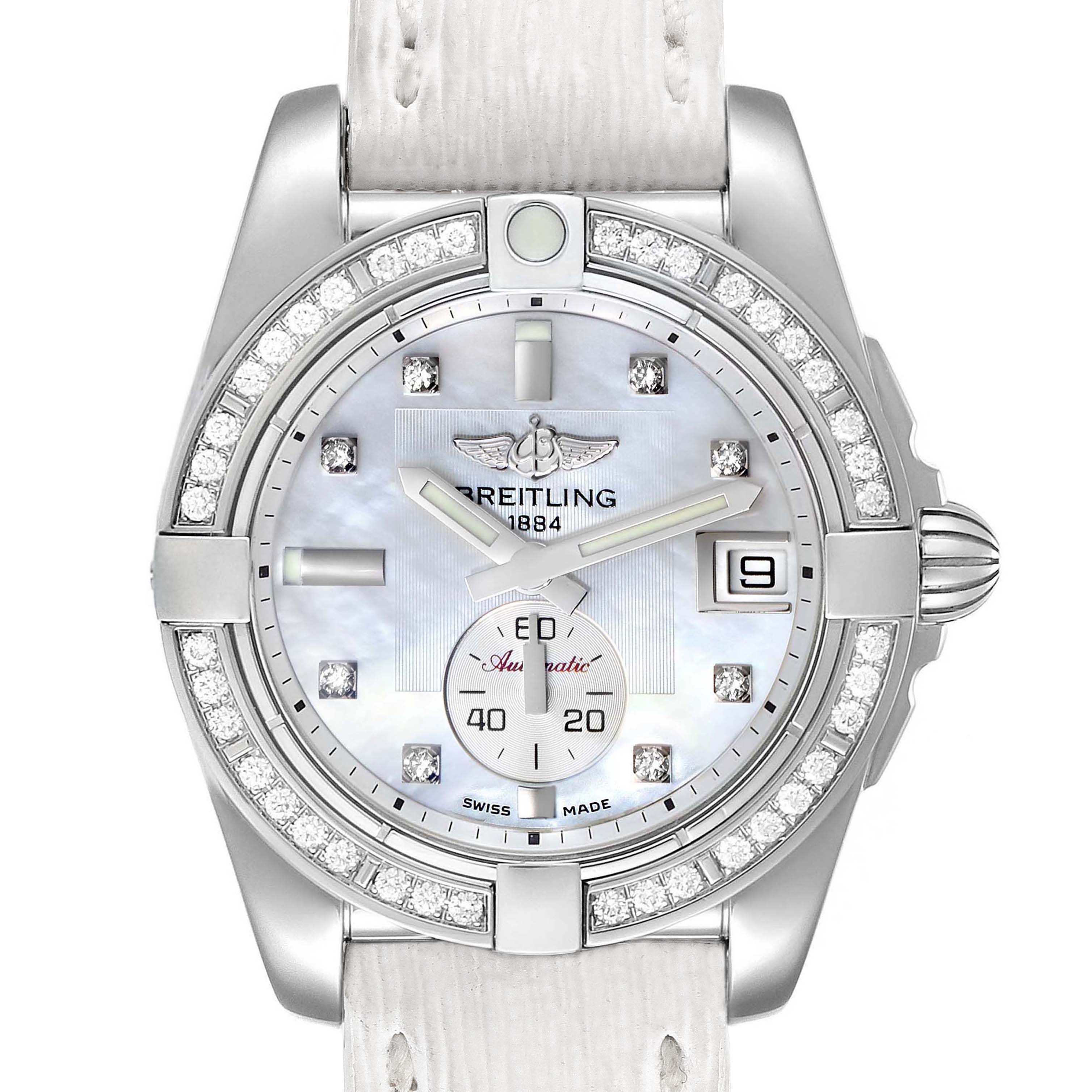 The image shows a front view of the Breitling A37330 Women's Stainless Steel Mother of Pearl Dial A37330 Women's Stainless Steel Mother of Pearl Dial Galactic 36 MOP Dial Diamond Steel Ladies Watch A37330, highlighting the bezel, dial, and hands.