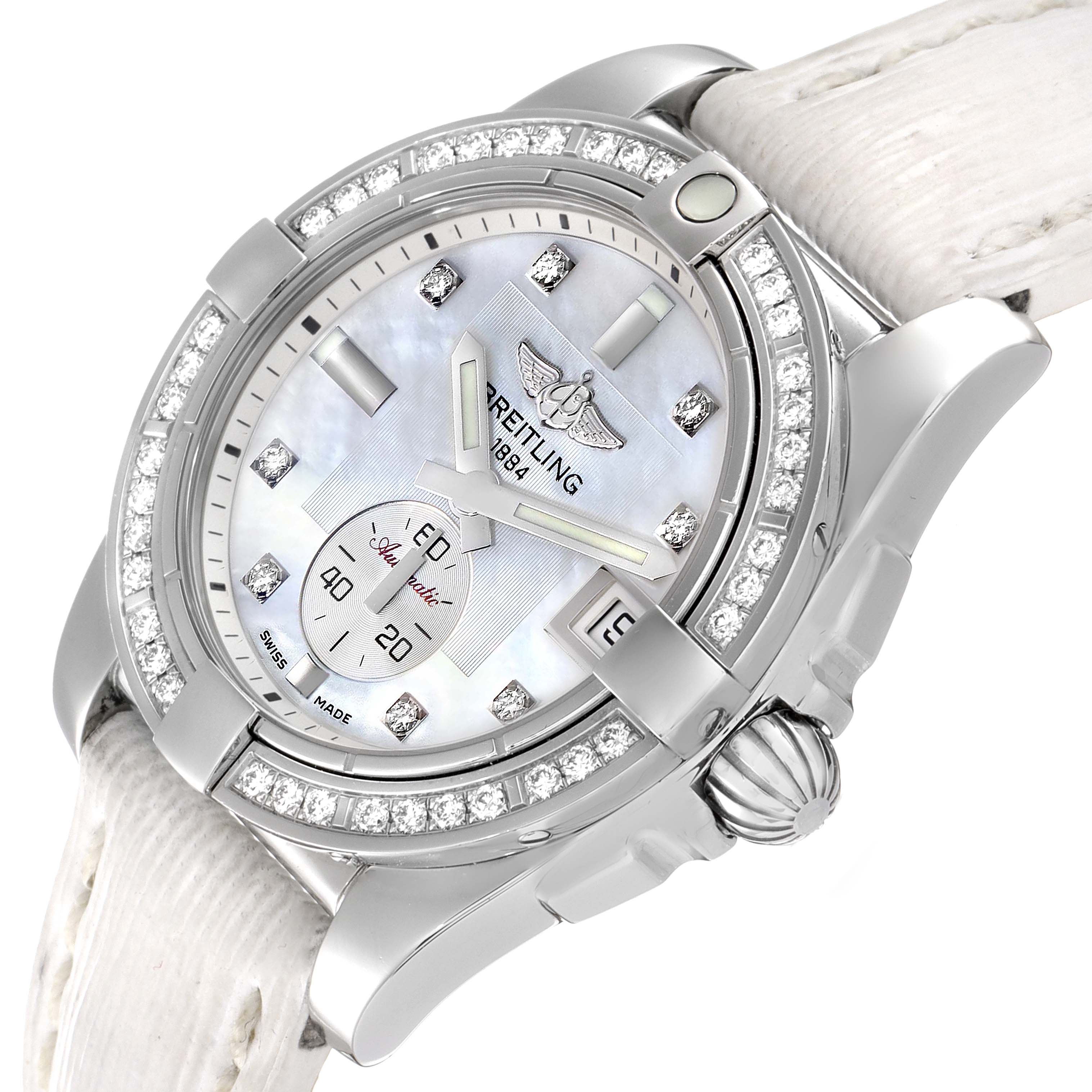 This image shows a close-up, angled view of the face and bezel of the Breitling A37330 Women's Stainless Steel Mother of Pearl Dial A37330 Women's Stainless Steel Mother of Pearl Dial Galactic 36 MOP Dial Diamond Steel Ladies Watch A37330.