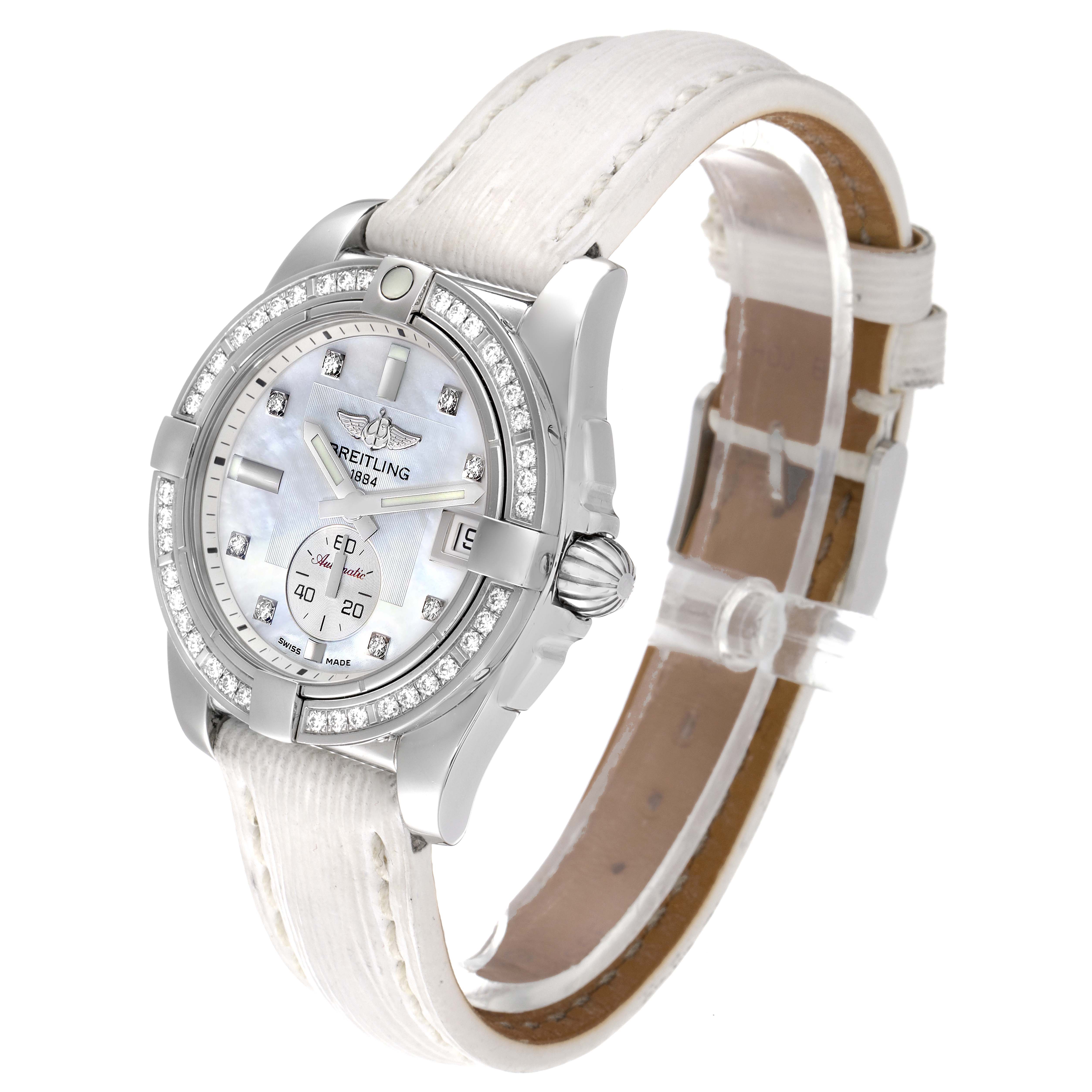The Breitling A37330 Women's Stainless Steel Mother of Pearl Dial A37330 Women's Stainless Steel Mother of Pearl Dial Galactic 36 MOP Dial Diamond Steel Ladies Watch A37330 is shown at a front angle highlighting its dial and strap.