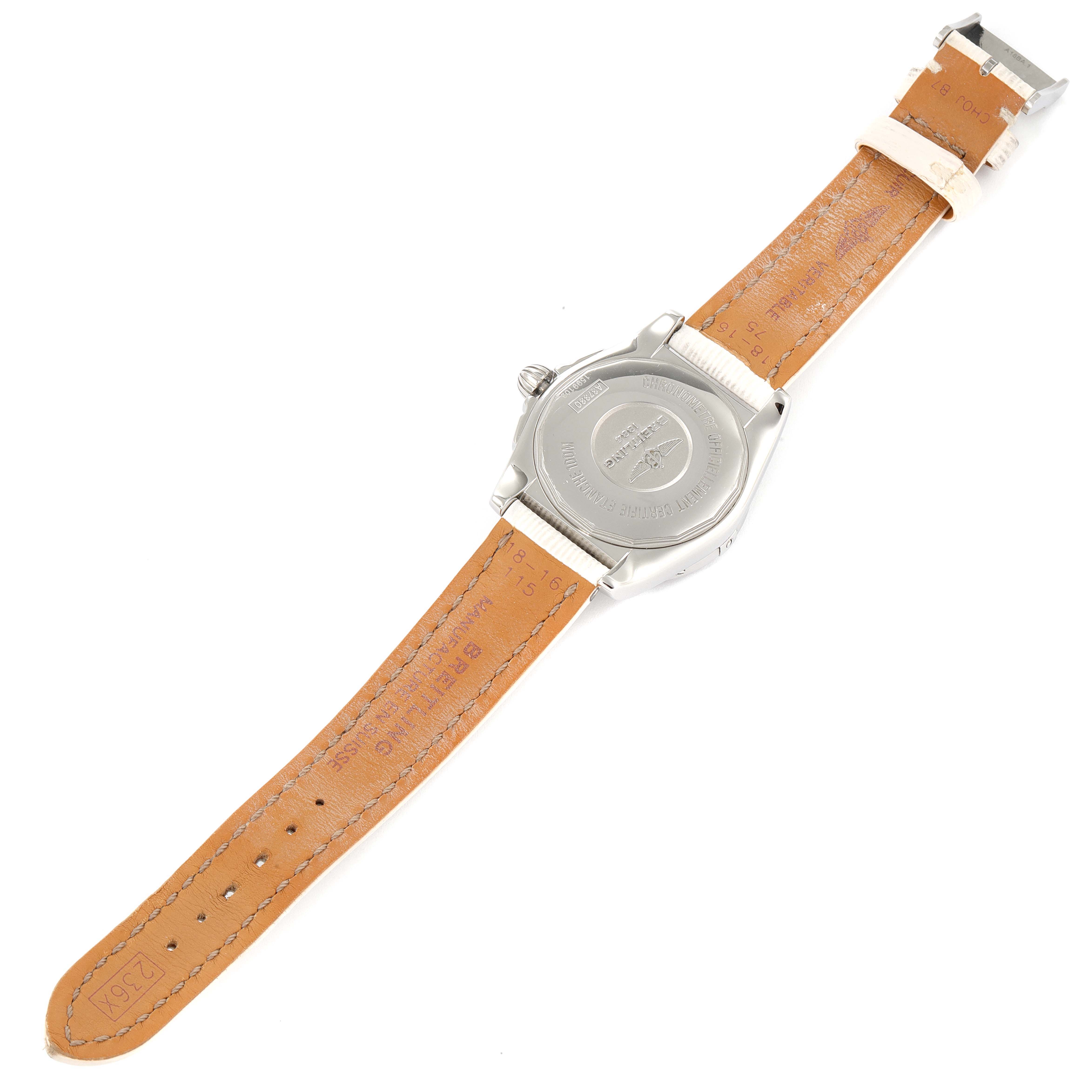 The image shows the back view of the Breitling A37330 Women's Stainless Steel Mother of Pearl Dial A37330 Women's Stainless Steel Mother of Pearl Dial Galactic 36 MOP Dial Diamond Steel Ladies Watch A37330, highlighting the case back and leather strap.