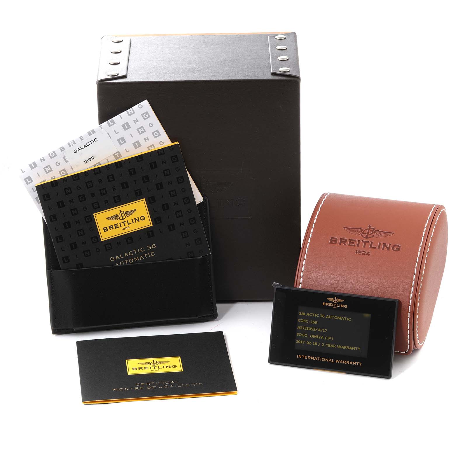 The image shows the box, manuals, warranty card, and leather case for the Breitling A37330 Women's Stainless Steel Mother of Pearl Dial A37330 Women's Stainless Steel Mother of Pearl Dial Galactic 36 A37330 Ladies Watch.