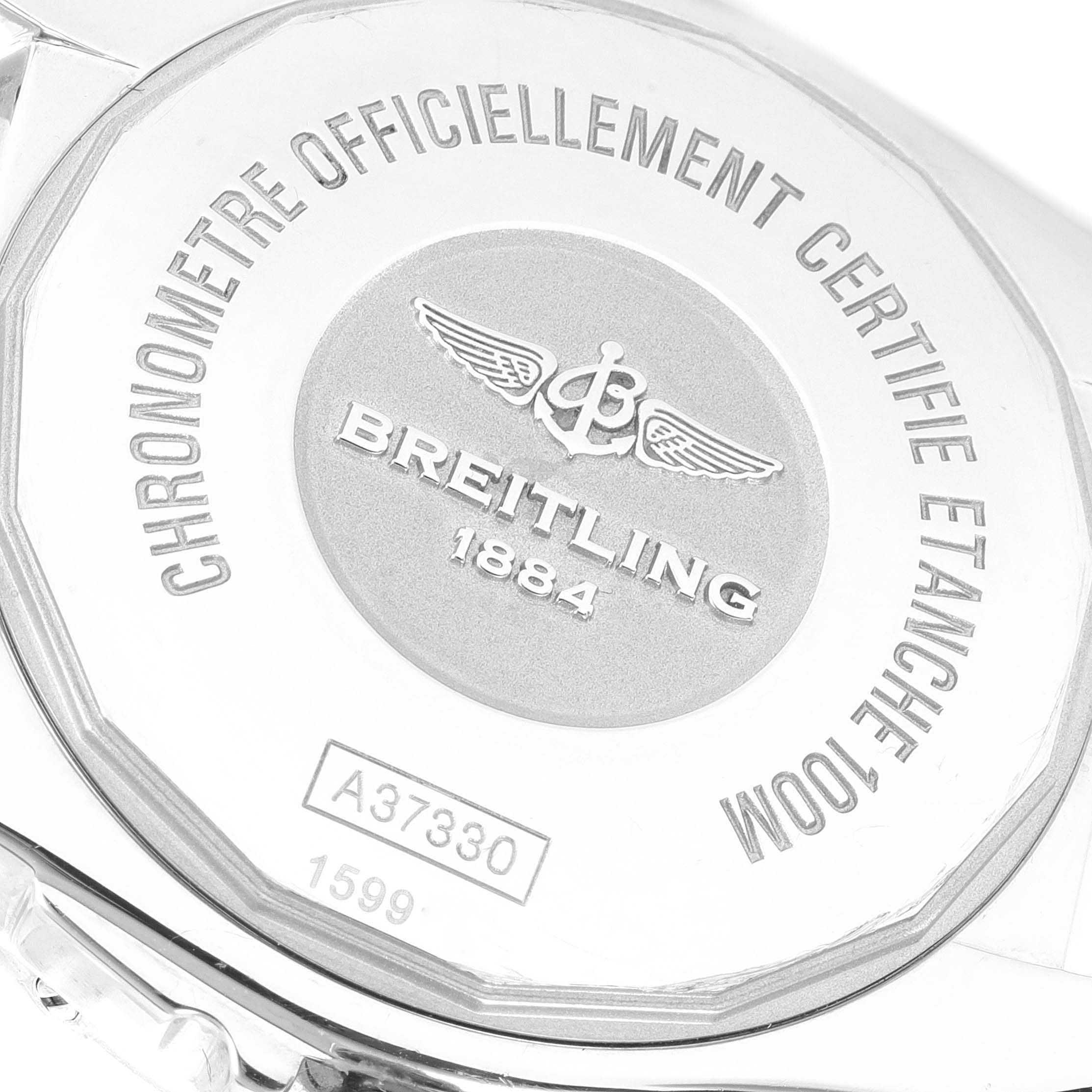 The image shows the back case of a Breitling A37330 Women's Stainless Steel Mother of Pearl Dial A37330 Women's Stainless Steel Mother of Pearl Dial Galactic 36 MOP Dial Diamond Steel Ladies Watch model A37330.