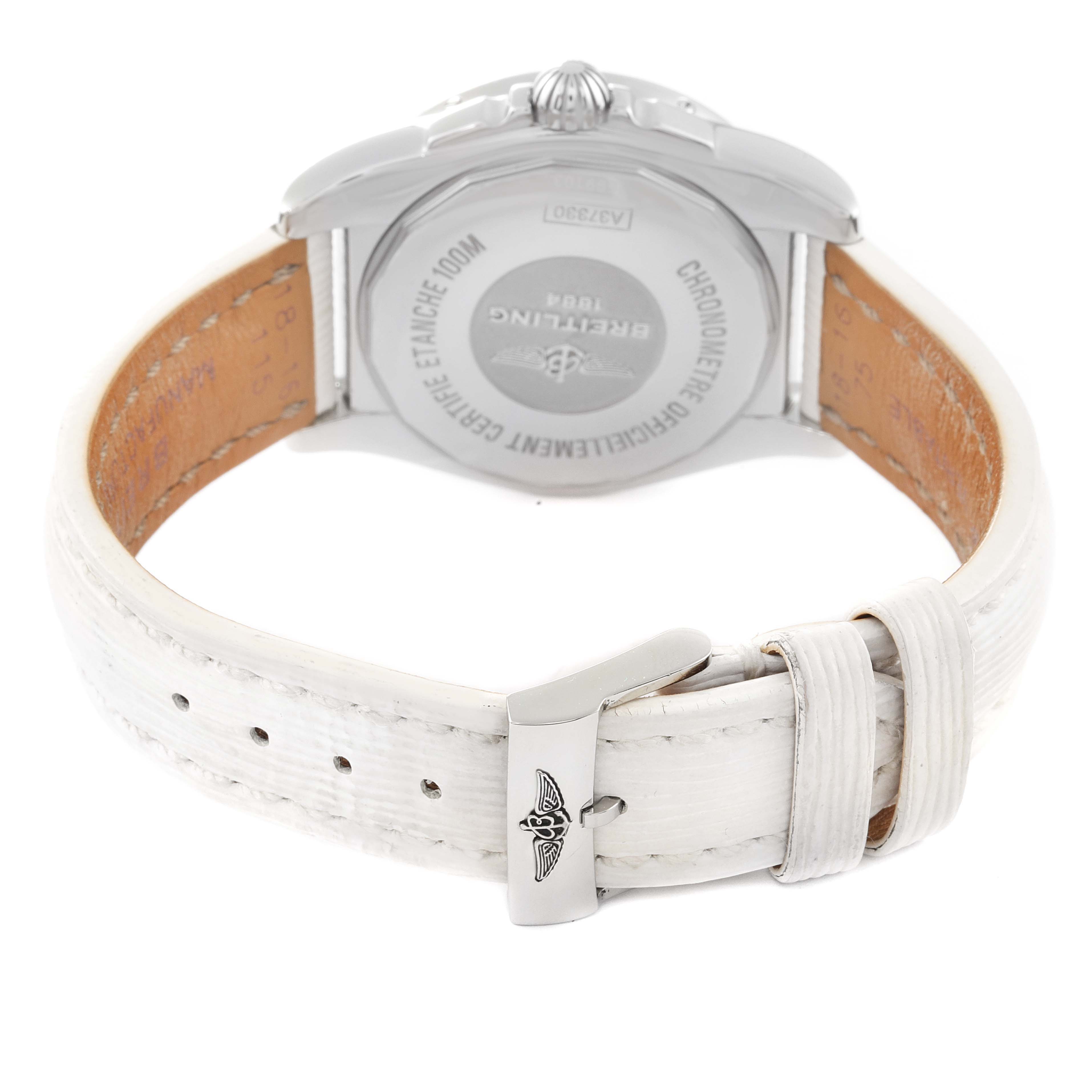 The image shows the back view of a Breitling A37330 Women's Stainless Steel Mother of Pearl Dial A37330 Women's Stainless Steel Mother of Pearl Dial Galactic 36 MOP Dial Diamond Steel Ladies Watch A37330, highlighting the case back and buckle.