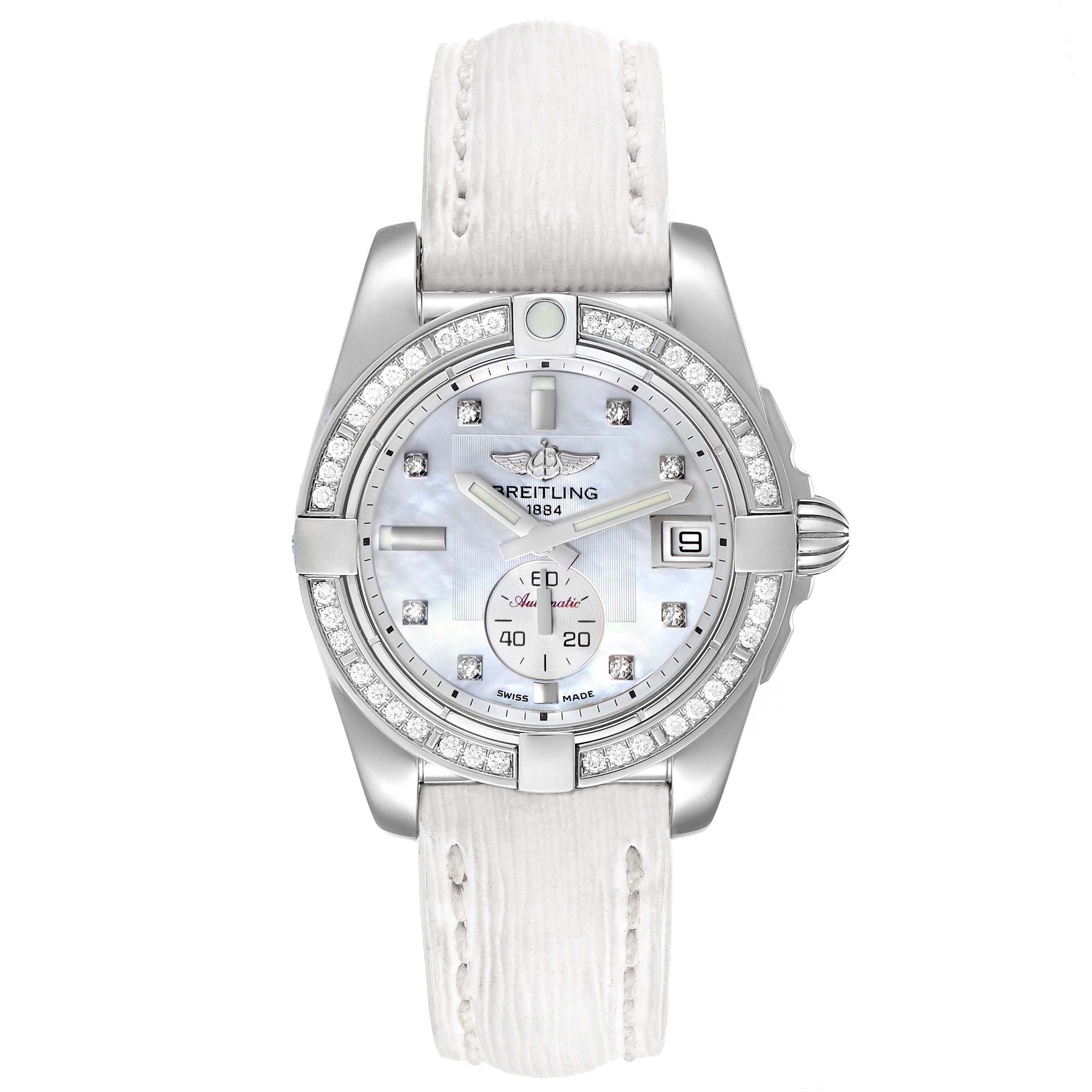 The Breitling A37330 Women's Stainless Steel Mother of Pearl Dial A37330 Women's Stainless Steel Mother of Pearl Dial Galactic 36 MOP Dial Diamond Steel Ladies Watch A37330 is shown from a front angle, displaying its dial, bezel, and strap.