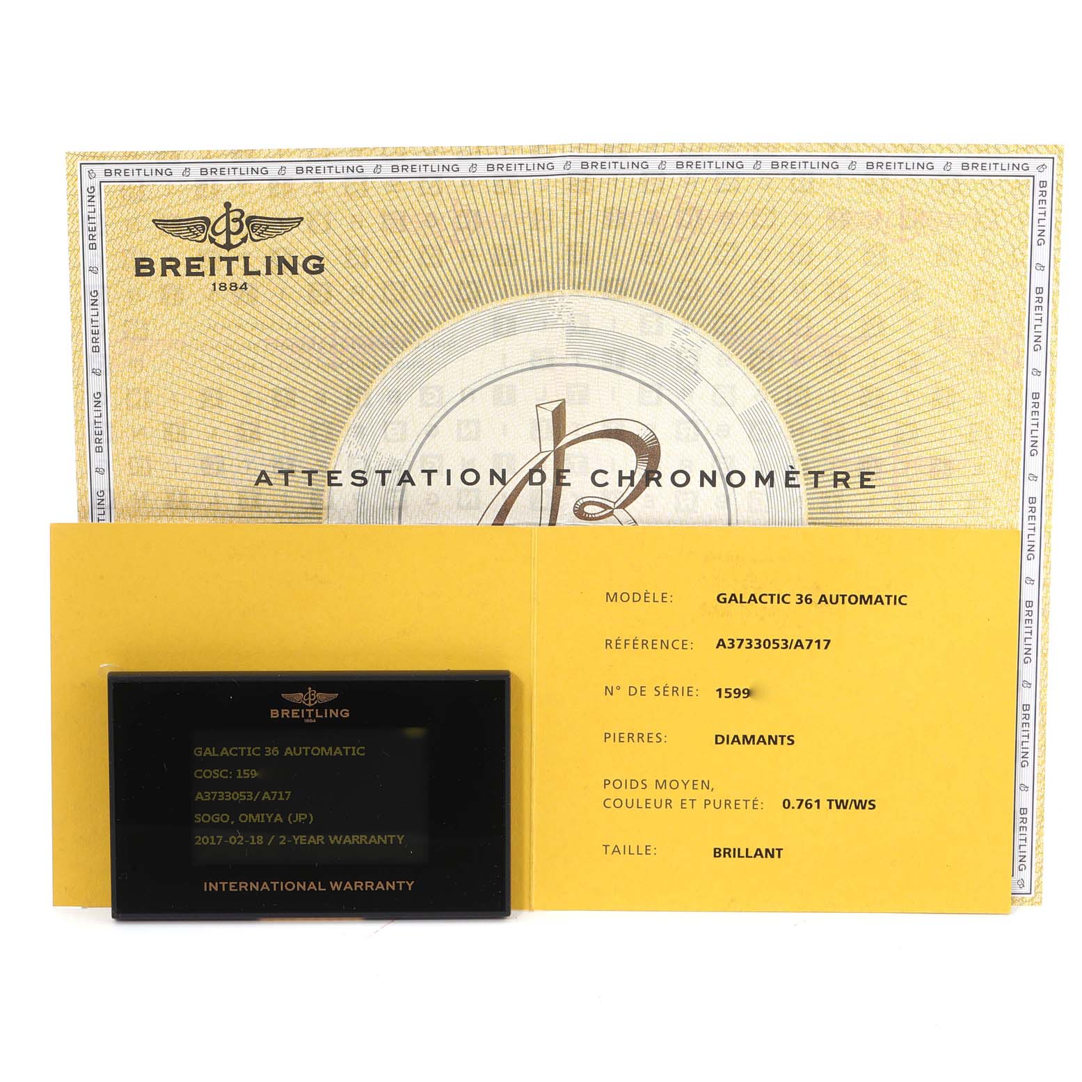 The image shows the warranty card, certificate, and paperwork for the Breitling A37330 Women's Stainless Steel Mother of Pearl Dial A37330 Women's Stainless Steel Mother of Pearl Dial Galactic 36 MOP Dial Diamond Steel Ladies Watch model A37330.
