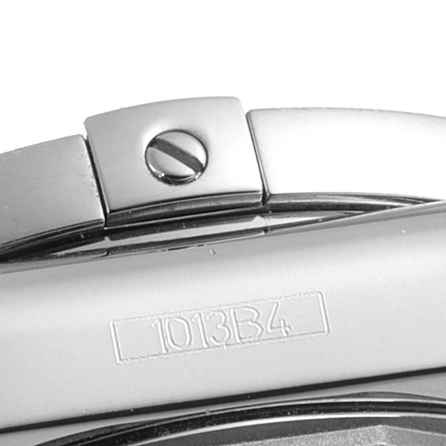 This close-up image of the Breitling A37330 Women's Stainless Steel Mother of Pearl Dial A37330 Women's Stainless Steel Mother of Pearl Dial Galactic 36 MOP Dial Diamond Steel Ladies Watch A37330 model shows part of the bracelet and clasp.