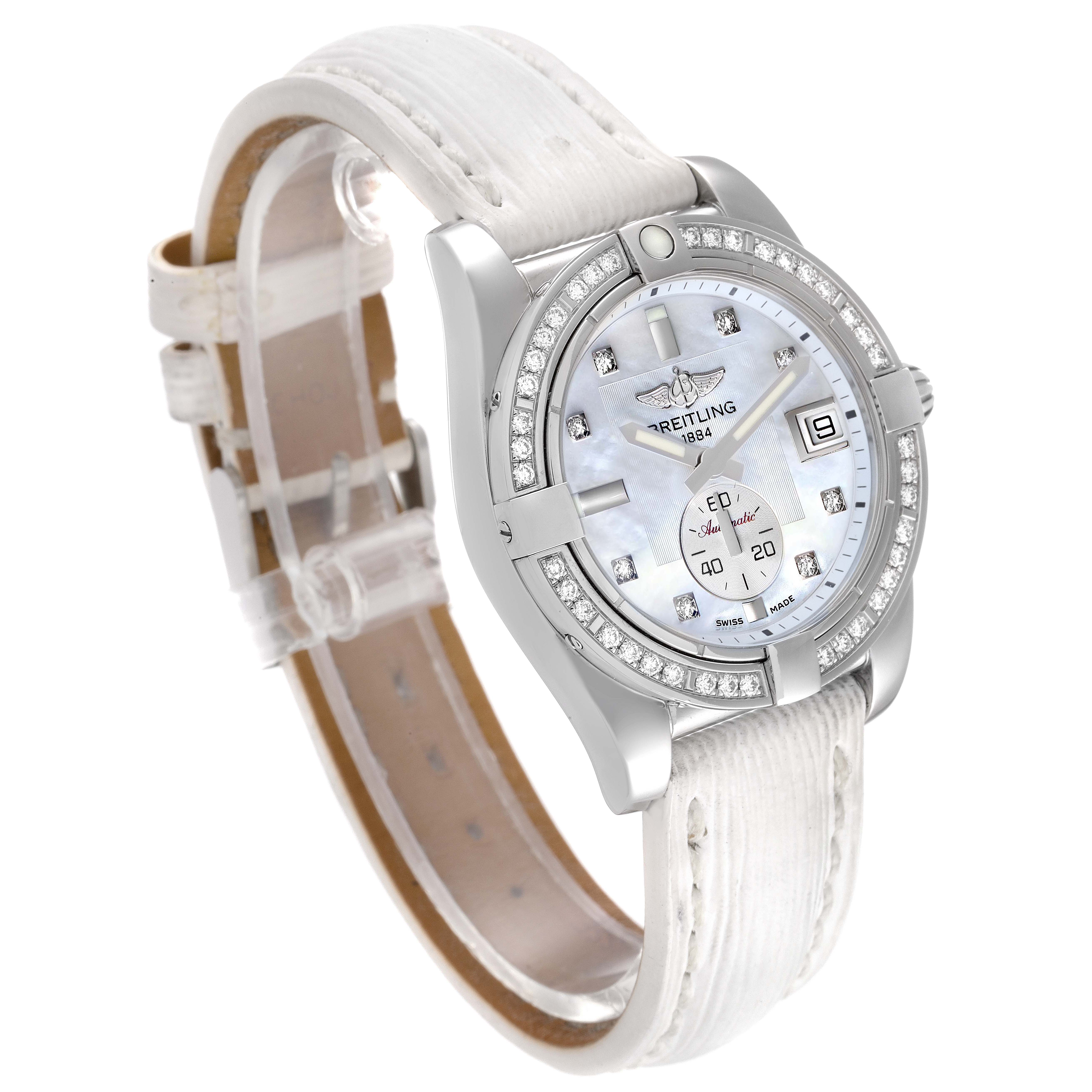 The Breitling A37330 Women's Stainless Steel Mother of Pearl Dial A37330 Women's Stainless Steel Mother of Pearl Dial Galactic 36 MOP Dial Diamond Steel Ladies Watch A37330 is shown at a three-quarter angle, highlighting the dial, bezel, and strap.