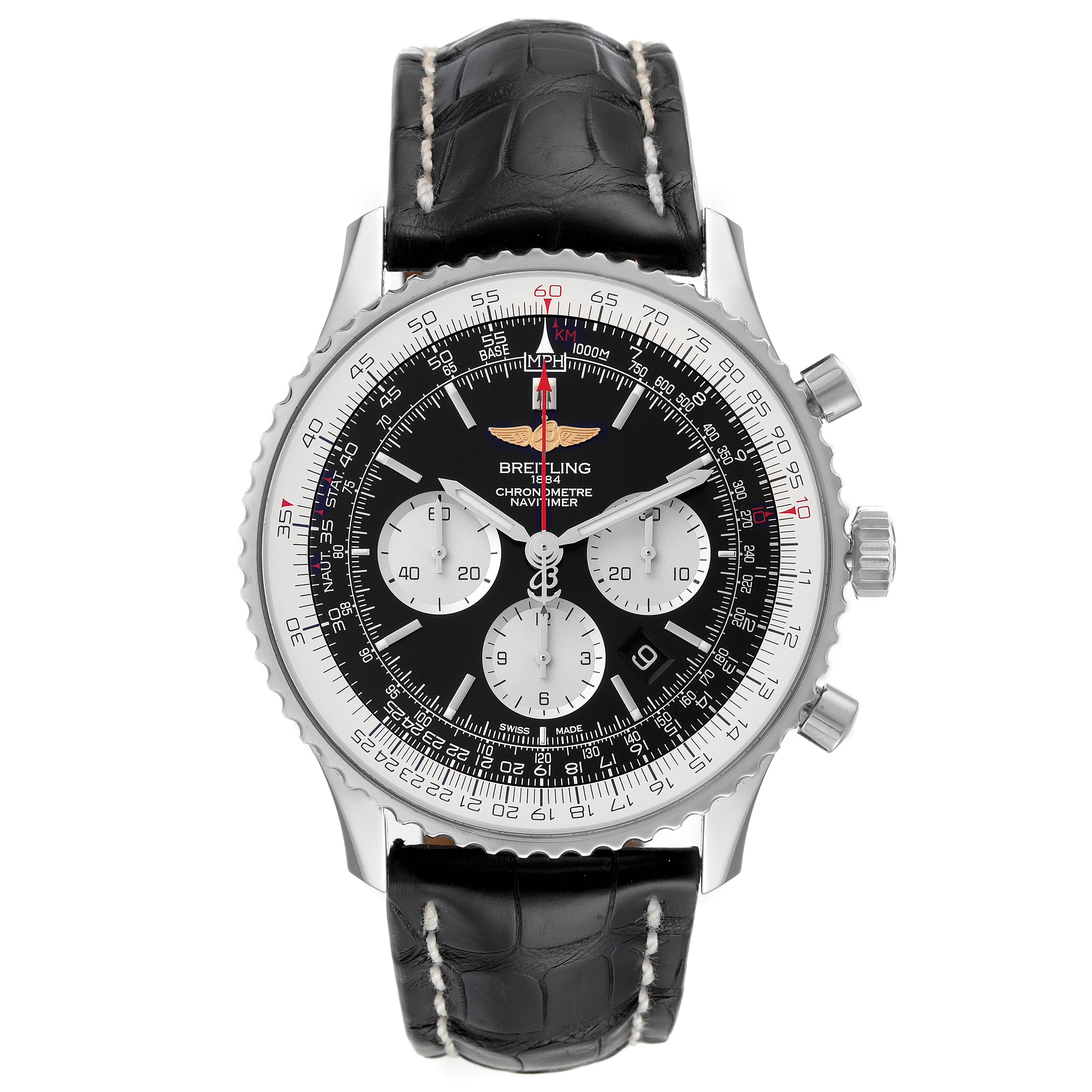 The image shows a Breitling Navitimer AB0127211C1A1 Men
s Stainless Steel Black Dial AB0127211C1A1 Men
s Stainless Steel Black Dial watch from a front view, highlighting its black dial, chronograph subdials, and leather strap.