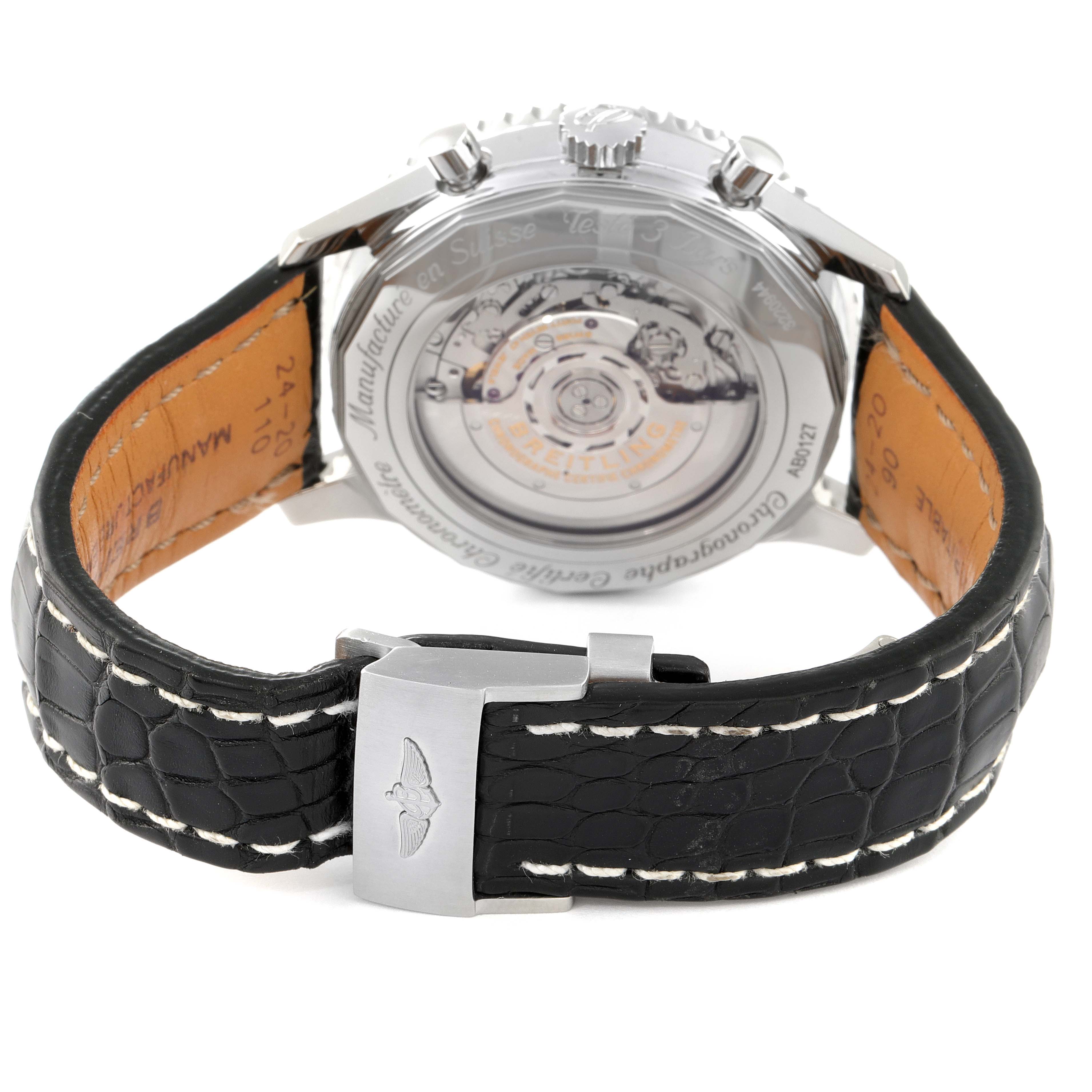 This image shows the back view of a Breitling Navitimer AB0127211C1A1 Men
s Stainless Steel Black Dial AB0127211C1A1 Men
s Stainless Steel Black Dial watch, including the rotor, crown, pushers, and leather strap with buckle.
