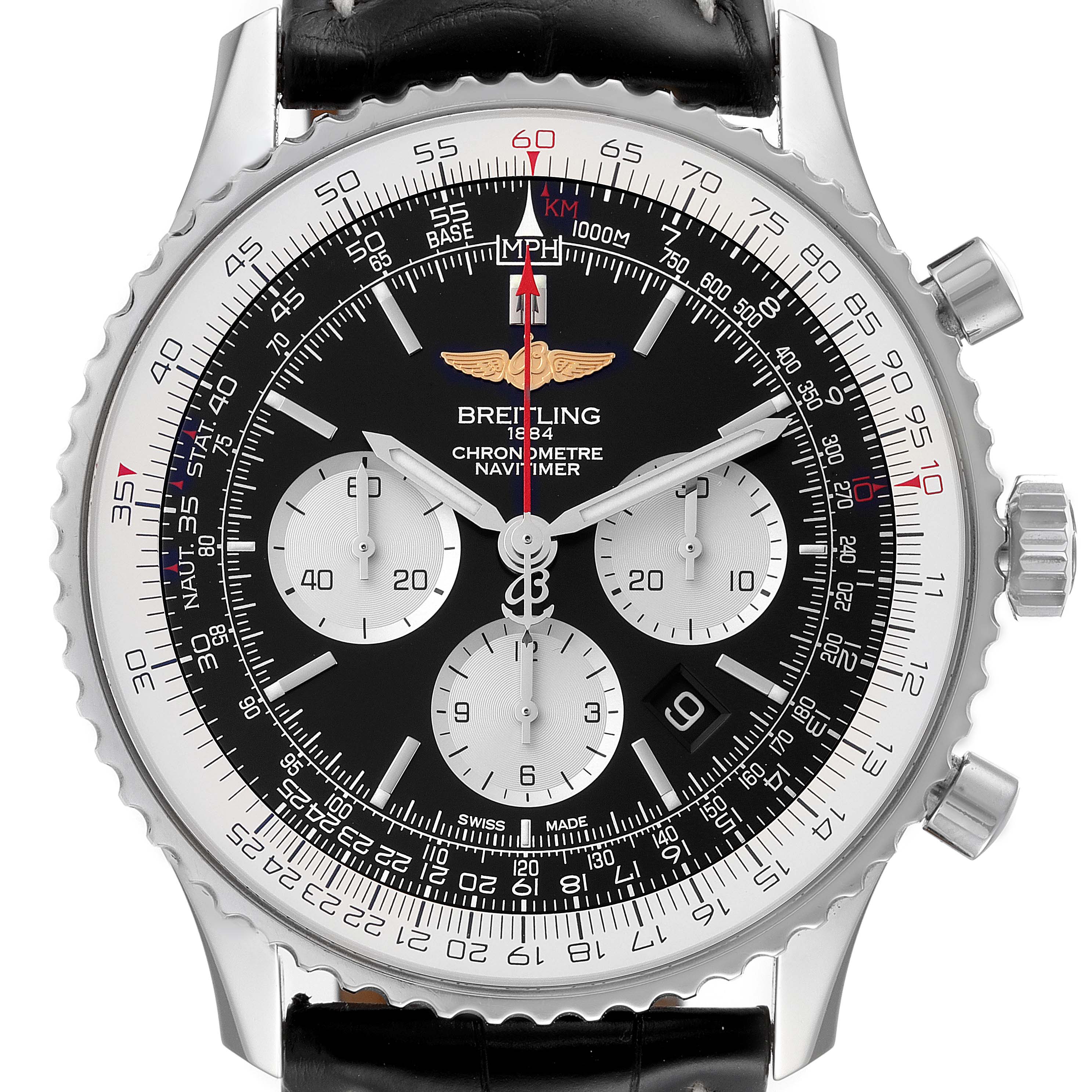 The image shows a close-up of the Breitling Navitimer AB0127211C1A1 Men
s Stainless Steel Black Dial AB0127211C1A1 Men
s Stainless Steel Black Dial watch
s face, highlighting its chronograph subdials, bezel, and crown.