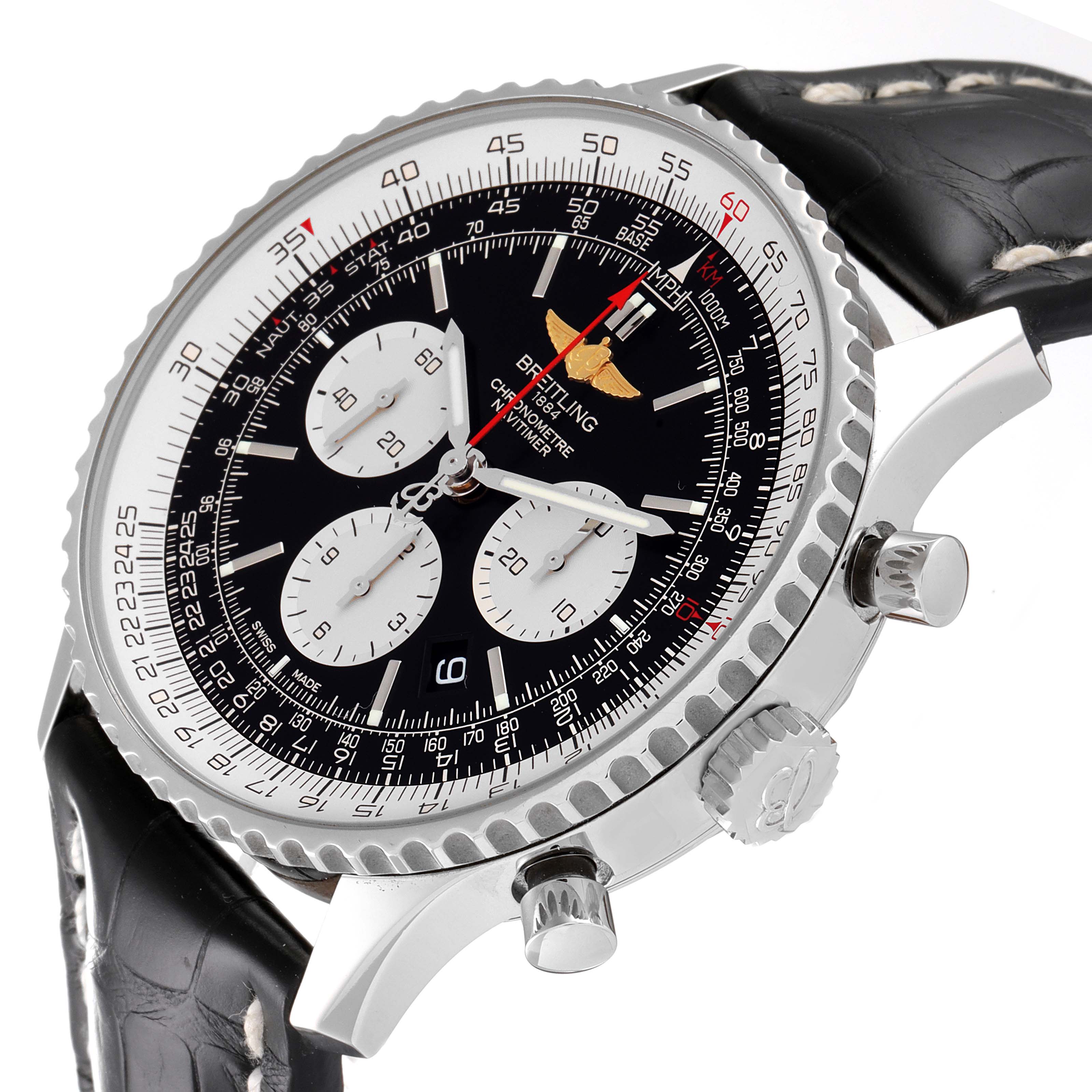 The image shows a close-up of a Breitling Navitimer AB0127211C1A1 Men
s Stainless Steel Black Dial AB0127211C1A1 Men
s Stainless Steel Black Dial watch at an angle, highlighting the dial, bezel, crown, and chronograph pushers.