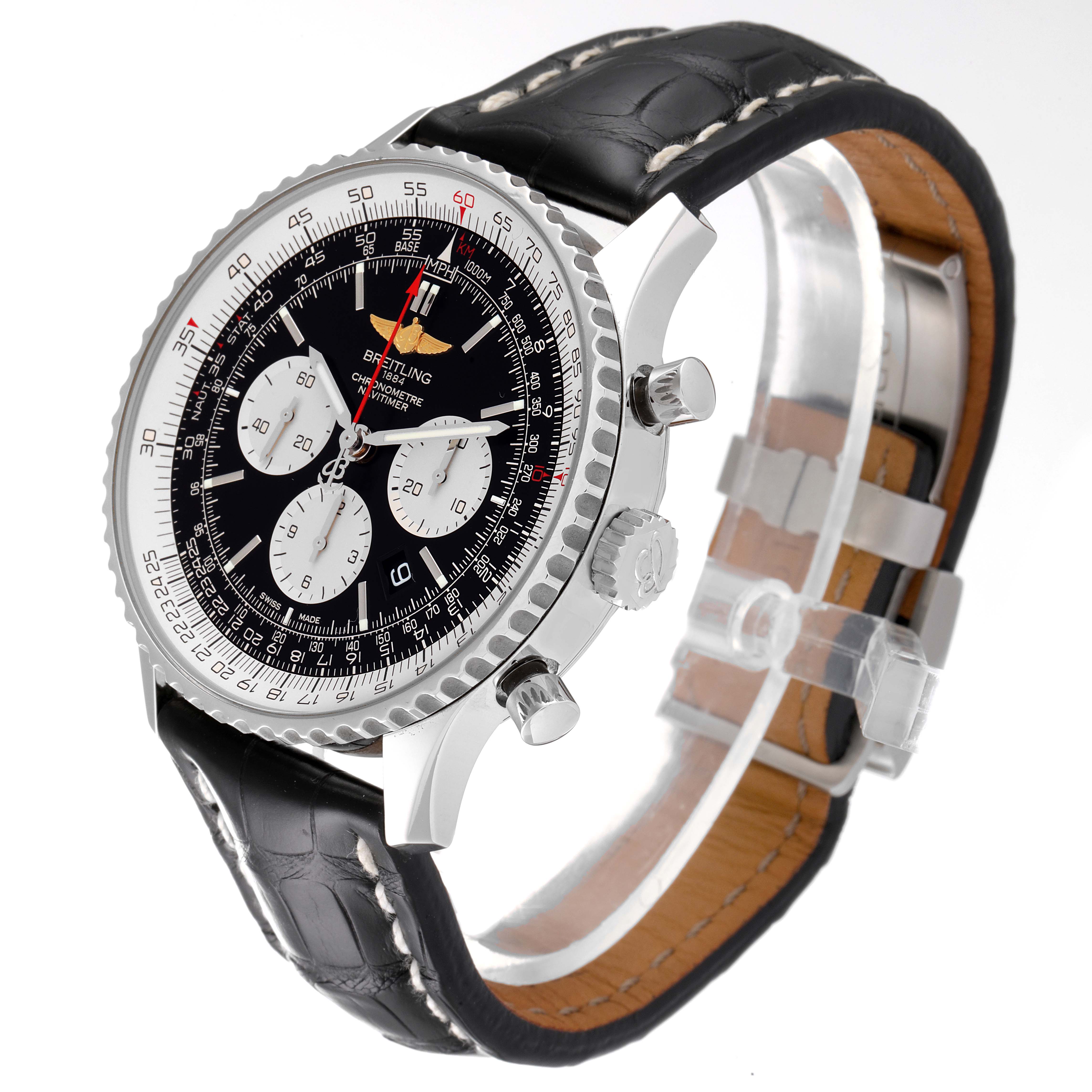 The image shows a Breitling Navitimer AB0127211C1A1 Men
s Stainless Steel Black Dial AB0127211C1A1 Men
s Stainless Steel Black Dial watch at a three-quarter angle, showcasing the black leather strap, bezel, and face with sub-dials and markings.