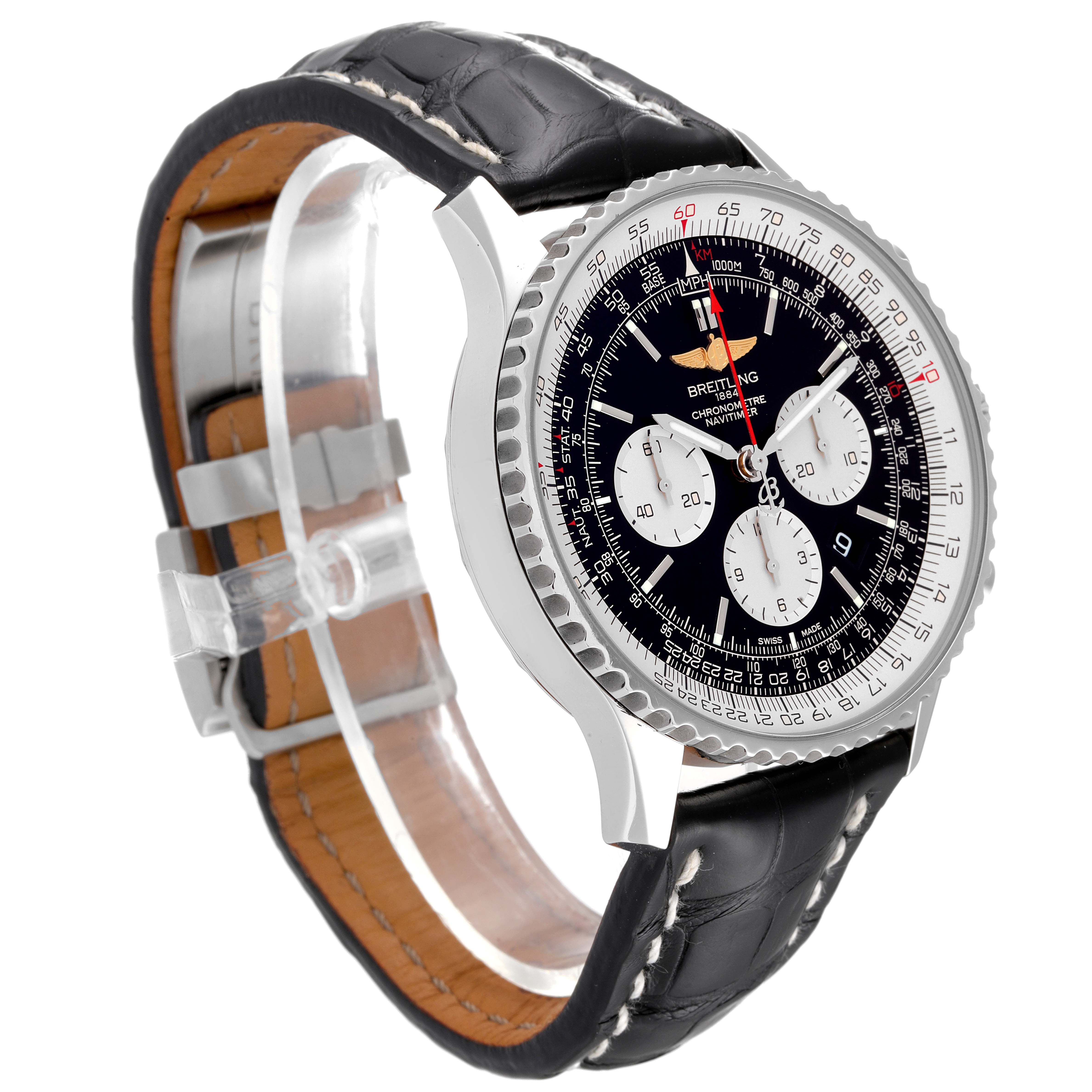 The image shows a side view of the Breitling Navitimer AB0127211C1A1 Men
s Stainless Steel Black Dial AB0127211C1A1 Men
s Stainless Steel Black Dial watch with its strap, face, and bezel clearly visible.