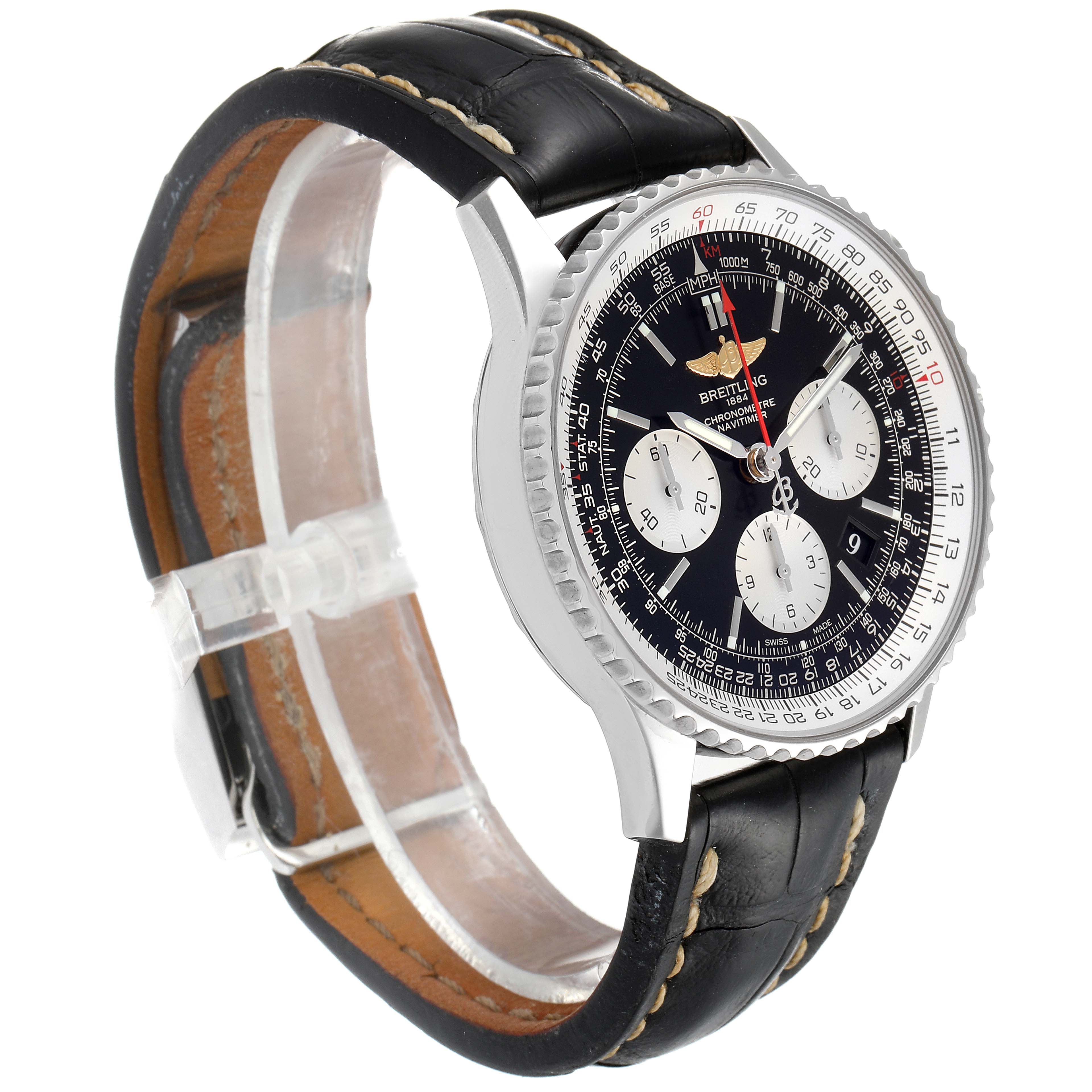 The Breitling Navitimer AB0120 Men's Stainless Steel Black Dial AB0120 Men's Stainless Steel Black Dial watch is shown at a slight angle, displaying the dial, face, case, and leather strap.