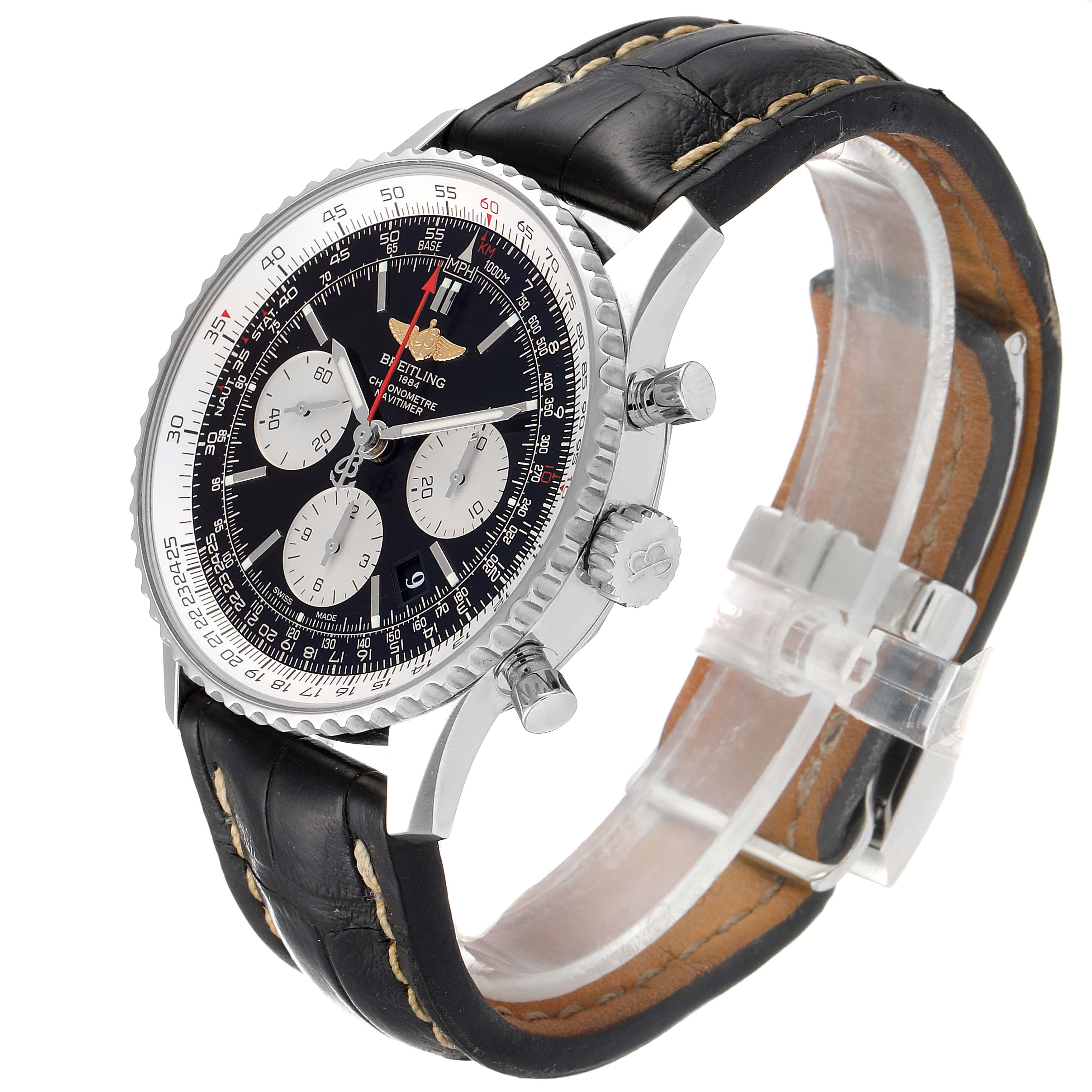 The image shows a side angle of the Breitling Navitimer AB0120 Men's Stainless Steel Black Dial AB0120 Men's Stainless Steel Black Dial watch featuring its dial, bezel, crown, and leather strap.