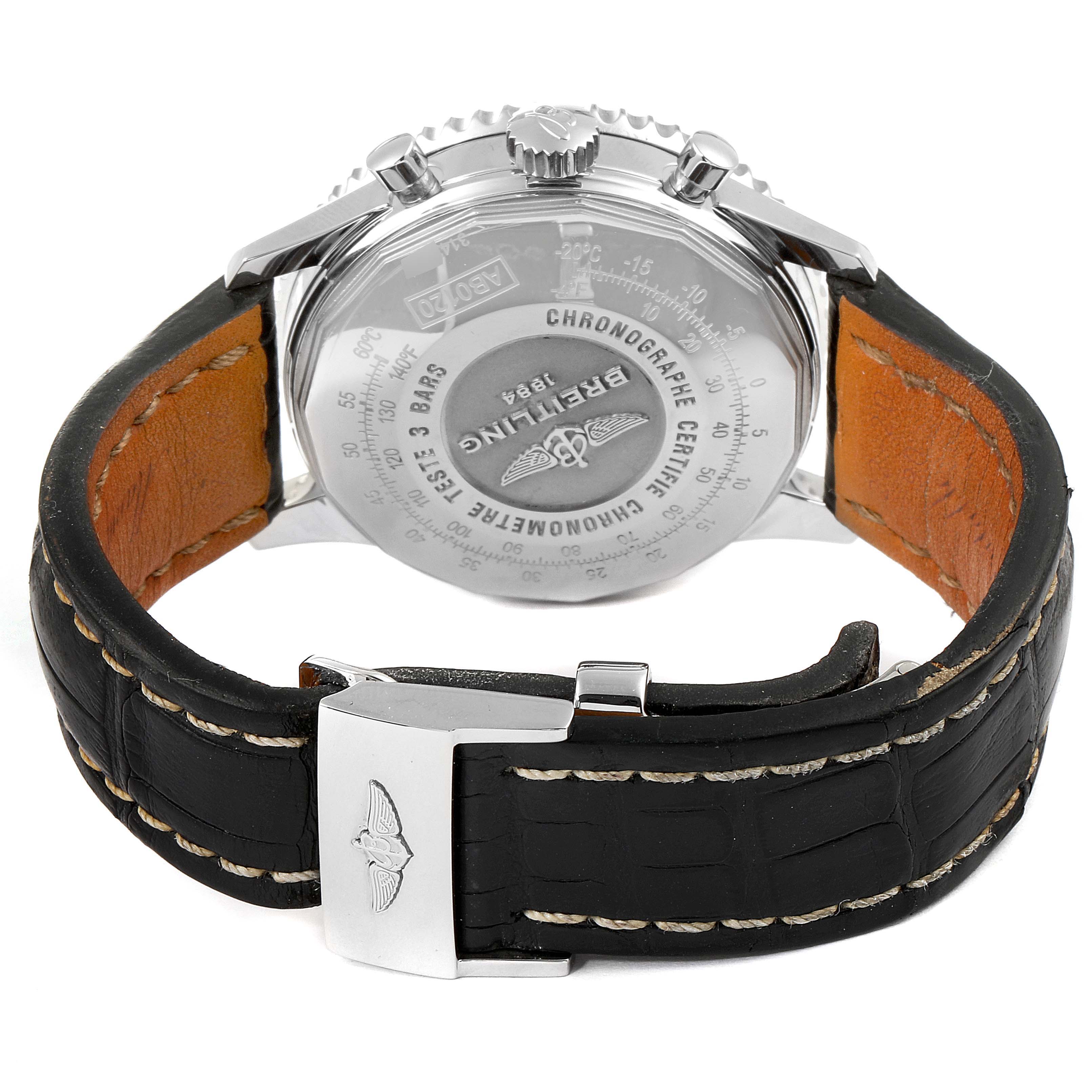 The image shows the back view of a Breitling Navitimer AB0120 Men's Stainless Steel Black Dial AB0120 Men's Stainless Steel Black Dial watch, highlighting the case back and the leather strap with the buckle.