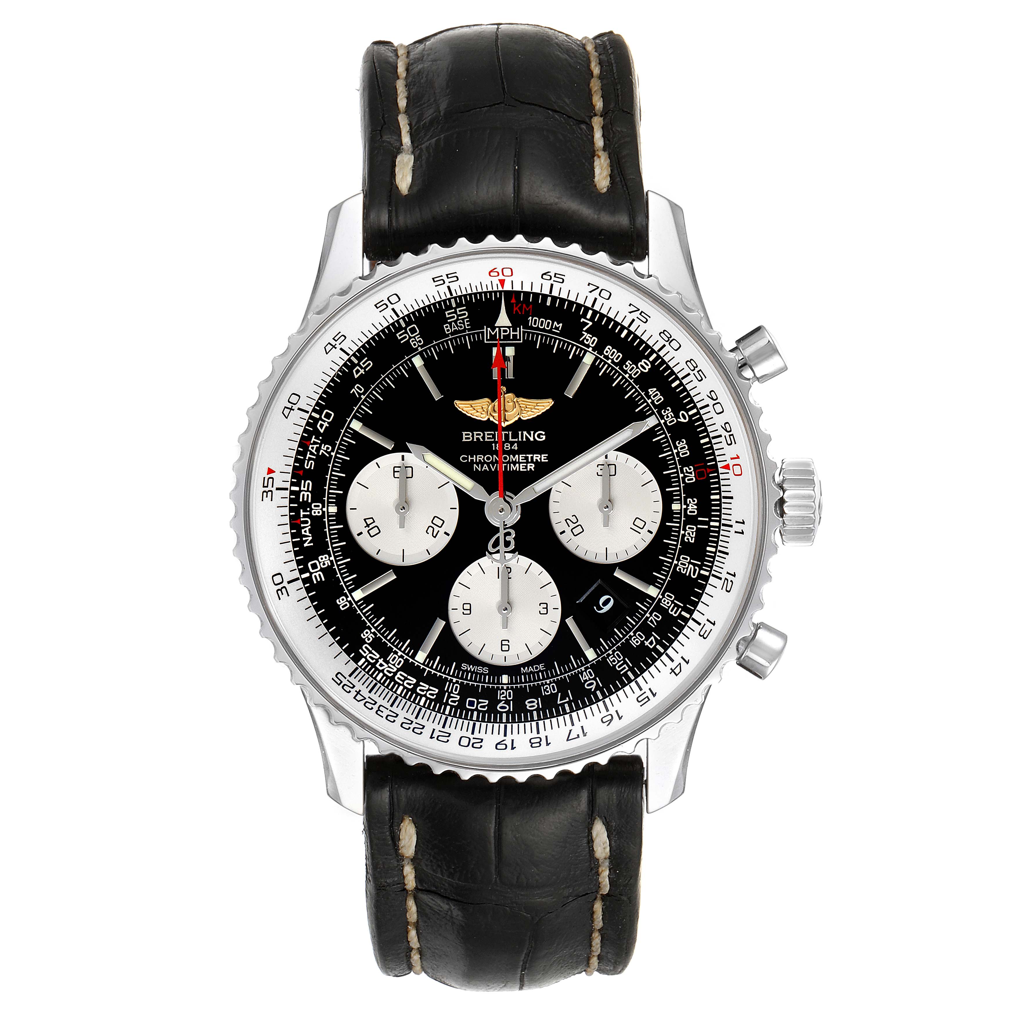 The image shows a front view of the Breitling Navitimer AB0120 Men's Stainless Steel Black Dial AB0120 Men's Stainless Steel Black Dial watch, highlighting its black dial, three subdials, and black leather strap.