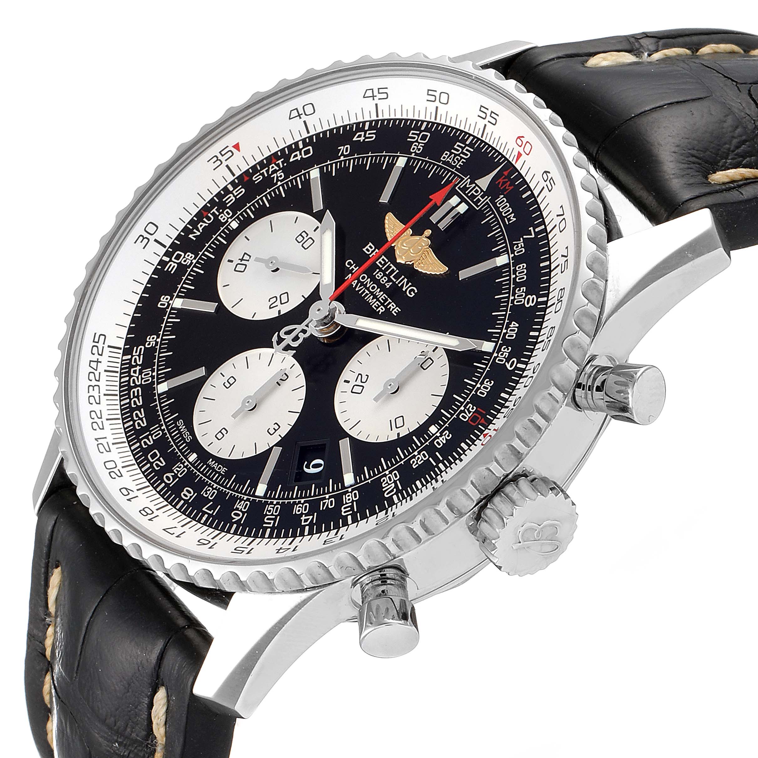 The image shows a side angle view of a Breitling Navitimer AB0120 Men's Stainless Steel Black Dial AB0120 Men's Stainless Steel Black Dial watch, highlighting the face, bezel, crown, pushers, and leather strap.