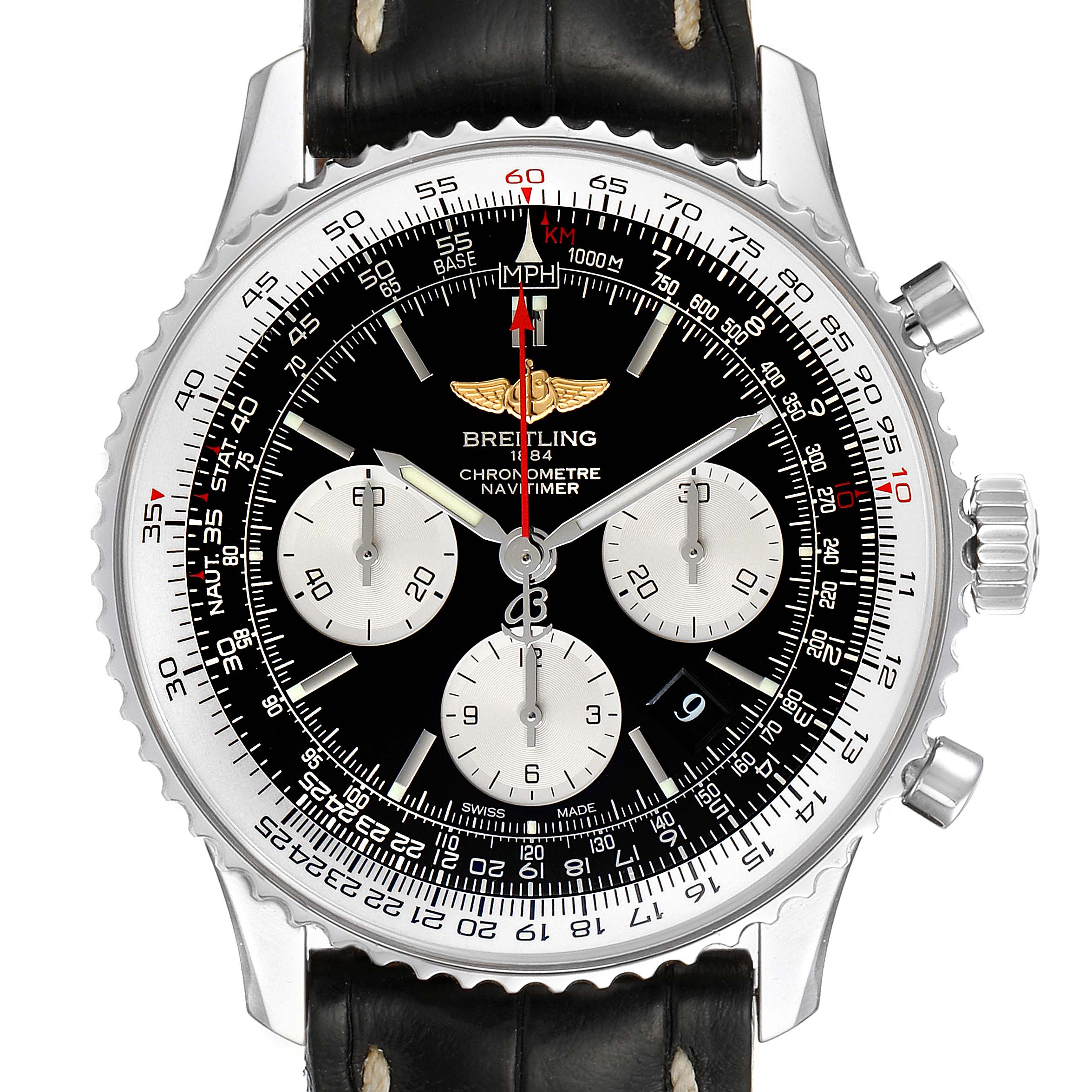 The image shows a close-up, front view of a Breitling Navitimer AB0120 Men's Stainless Steel Black Dial AB0120 Men's Stainless Steel Black Dial watch, including its black dial, subdials, and bezel.