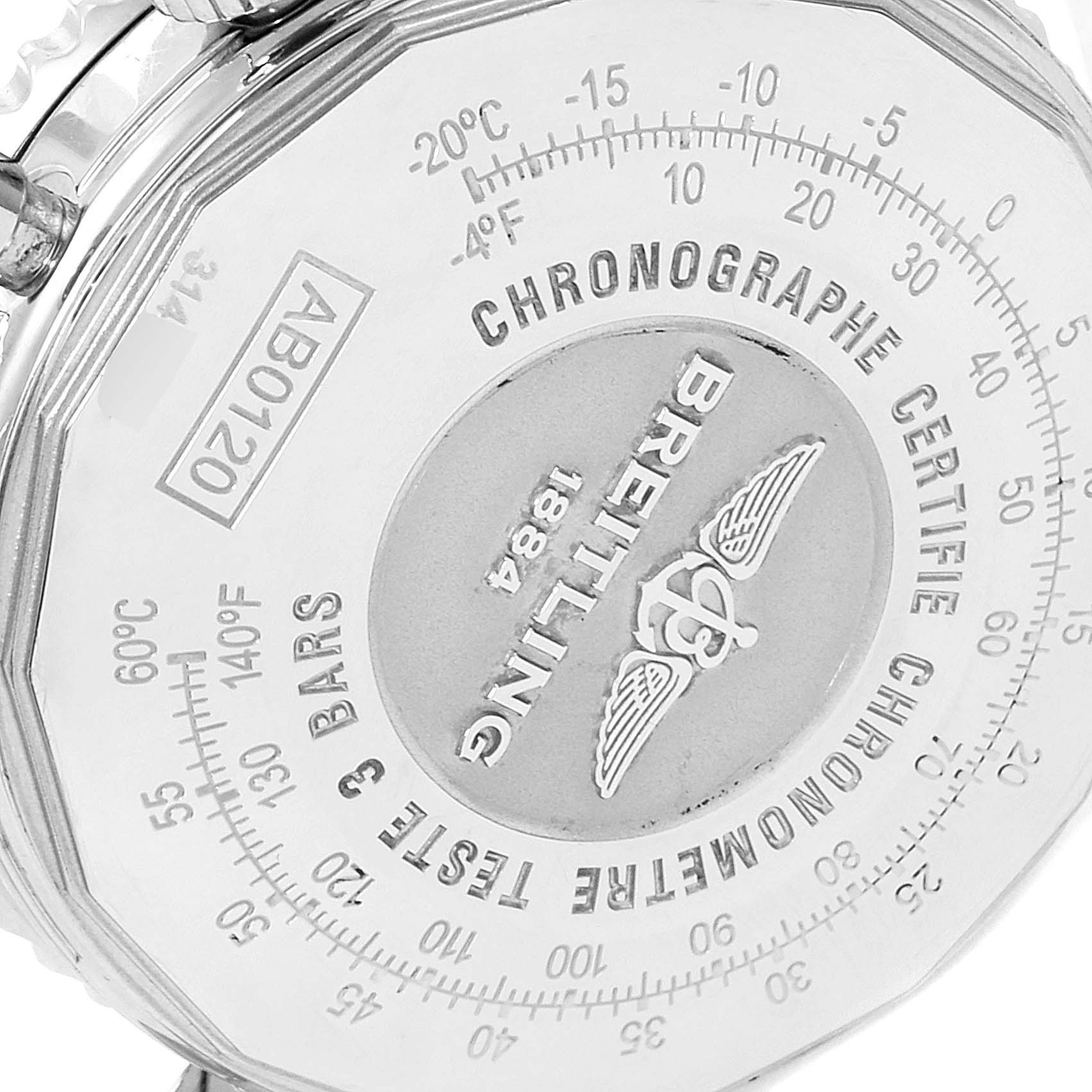 This image shows the back case of a Breitling Navitimer AB0120 Men's Stainless Steel Black Dial AB0120 Men's Stainless Steel Black Dial watch, featuring engraved details and a temperature scale.