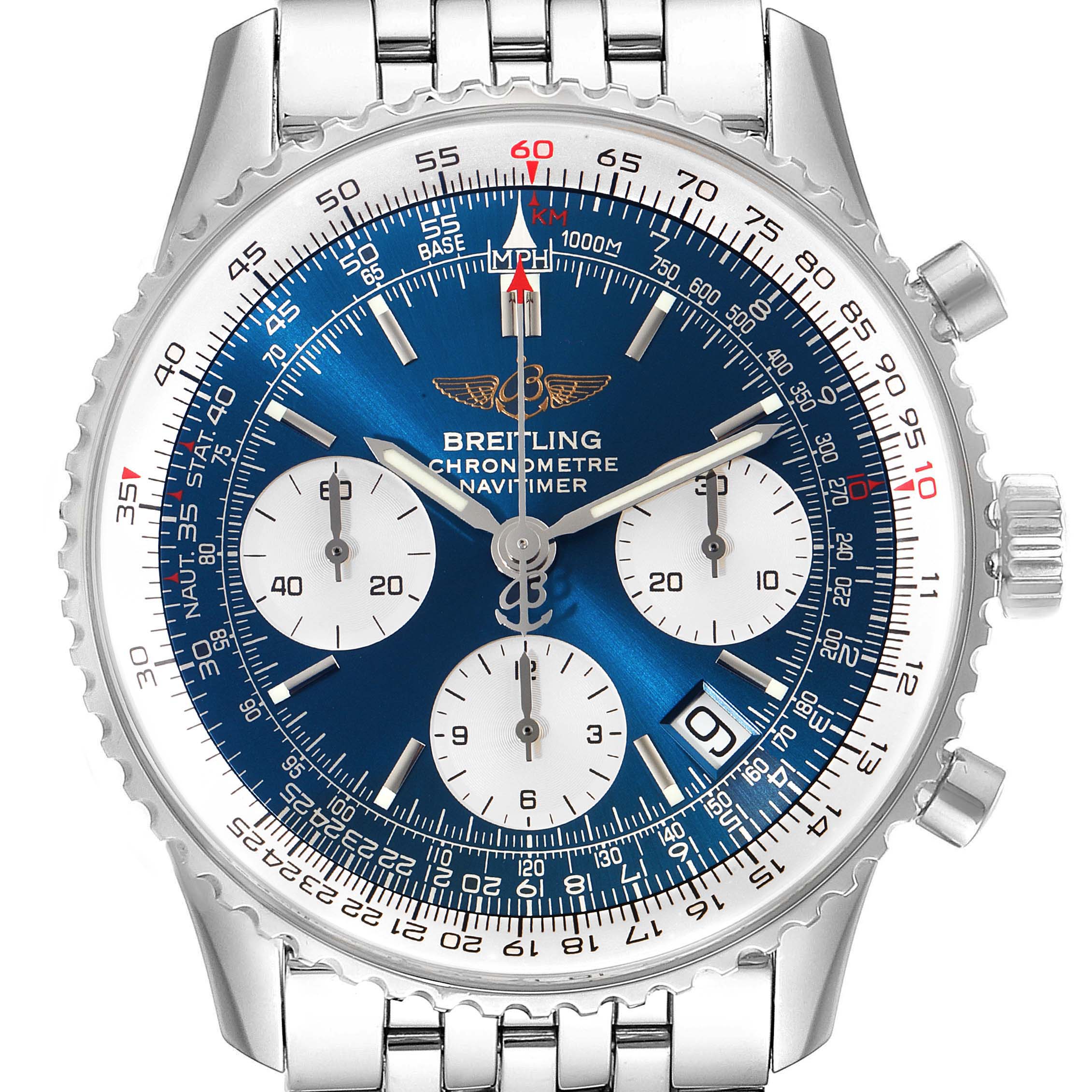The image shows the front view of a Breitling Navitimer A23322 Men
s Stainless Steel Blue Dial A23322 Men
s Stainless Steel Blue Dial watch with a blue dial, three sub-dials, a date window, and a metal bracelet.