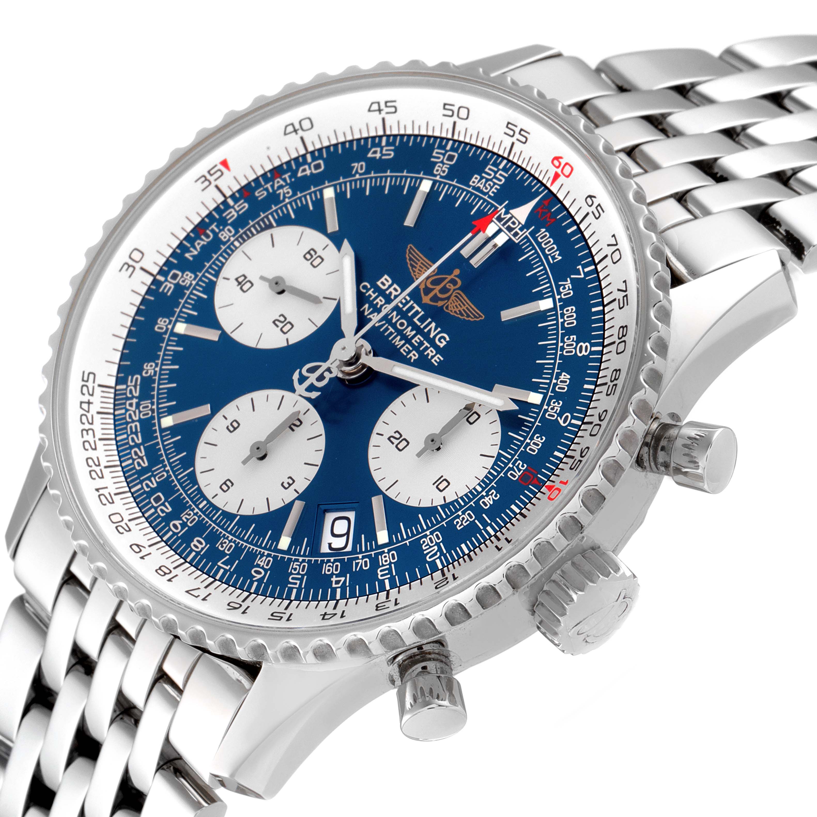 This image shows a close-up angled view of the Breitling Navitimer A23322 Men
s Stainless Steel Blue Dial A23322 Men
s Stainless Steel Blue Dial watch, highlighting its blue dial, chronograph subdials, and stainless steel bracelet.