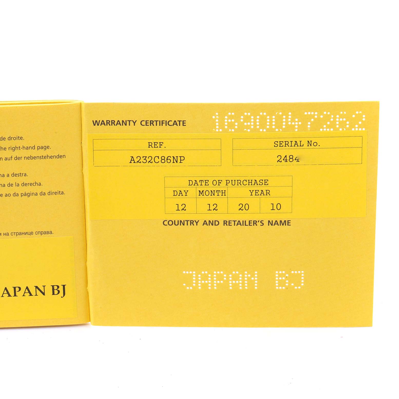 The image shows the warranty certificate for the Breitling Navitimer A23322 Men
s Stainless Steel Blue Dial A23322 Men
s Stainless Steel Blue Dial model A232C86NP, displaying the reference number, serial number, and purchase date.