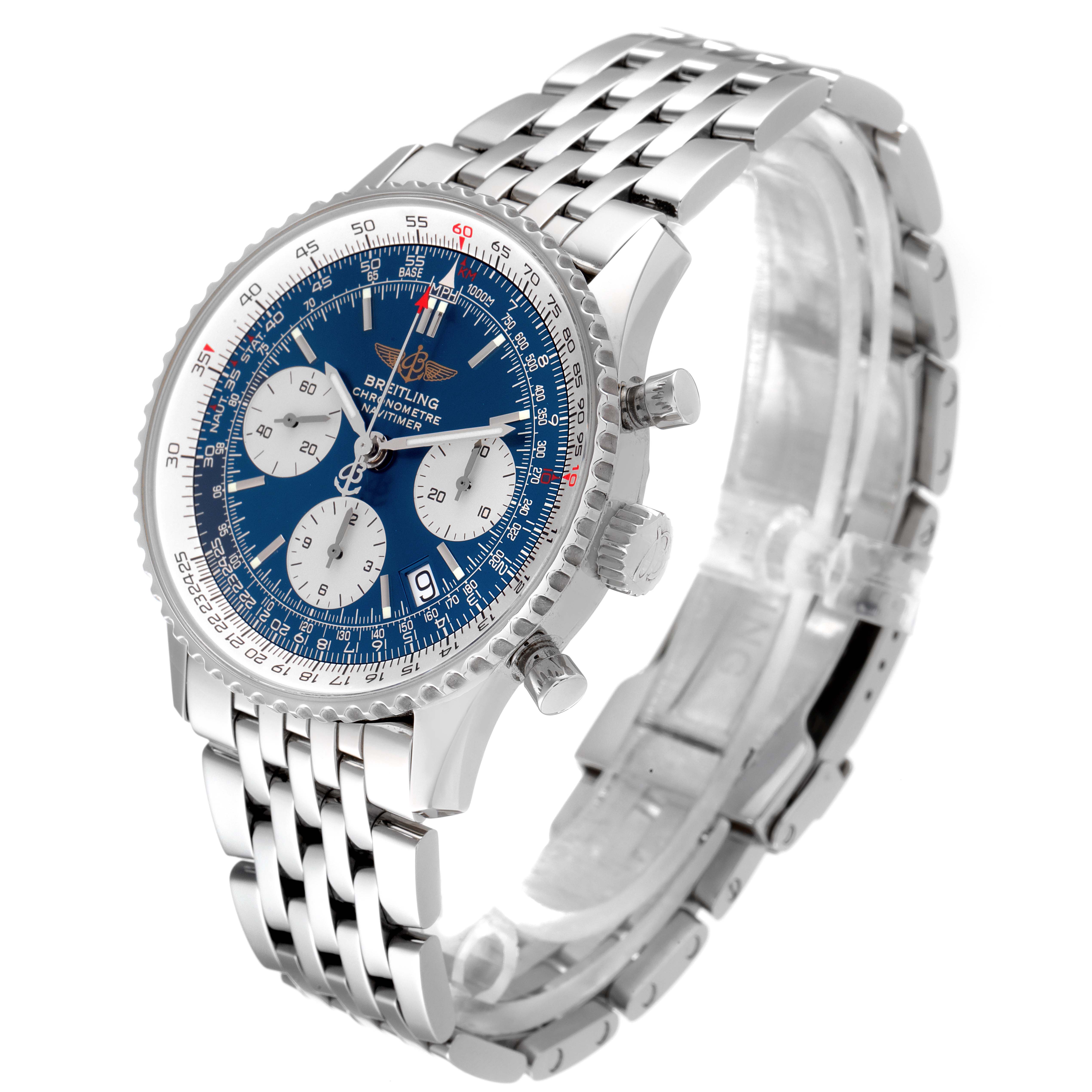 The image shows a Breitling Navitimer A23322 Men
s Stainless Steel Blue Dial A23322 Men
s Stainless Steel Blue Dial watch at a slight angle, highlighting the blue dial, stainless steel case, and bracelet.