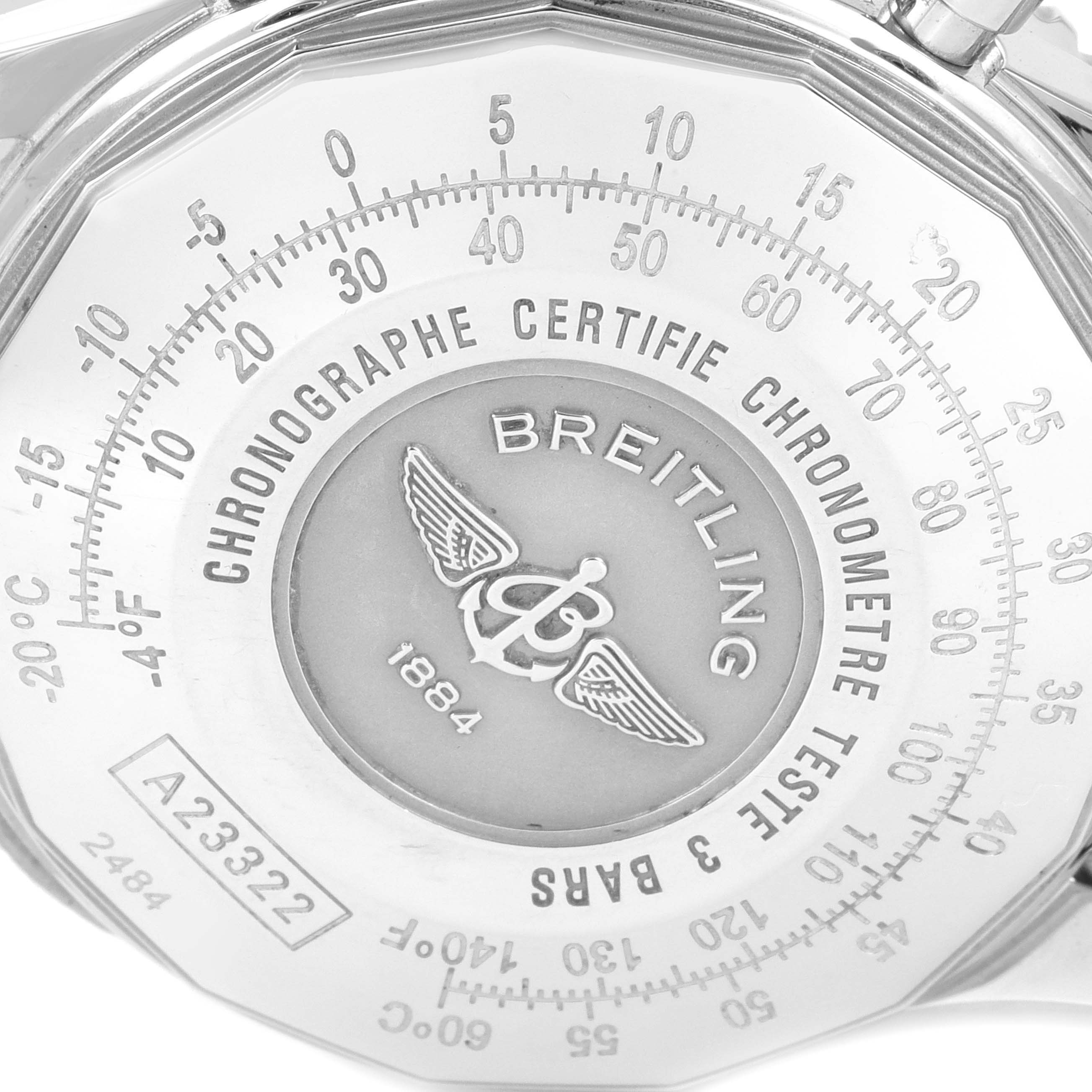 The image shows the detailed back case of the Breitling Navitimer A23322 Men
s Stainless Steel Blue Dial A23322 Men
s Stainless Steel Blue Dial watch, displaying the brand
s logo and certifications.