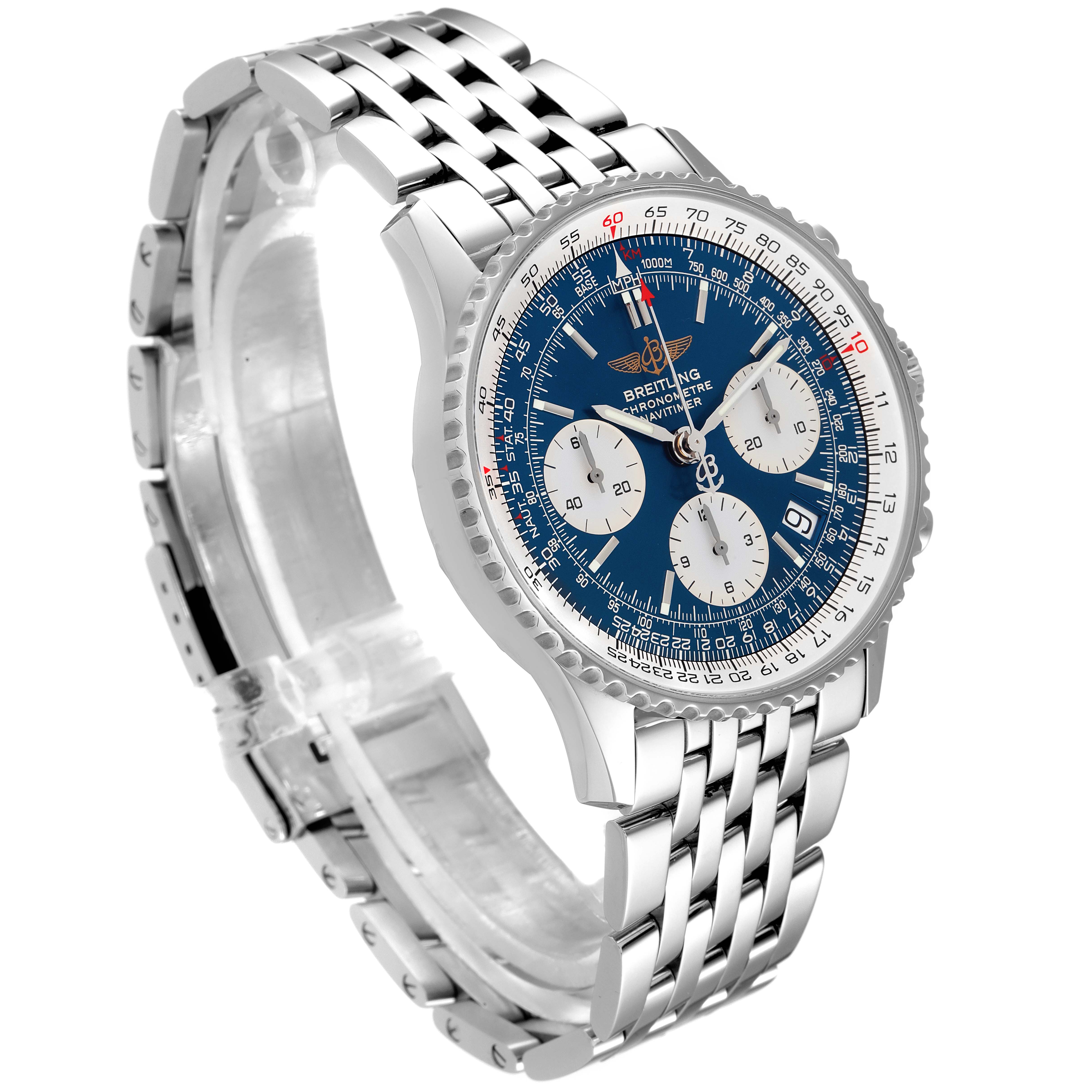 This Breitling Navitimer A23322 Men
s Stainless Steel Blue Dial A23322 Men
s Stainless Steel Blue Dial watch is shown at a three-quarter angle, highlighting its face, bezel, and bracelet.