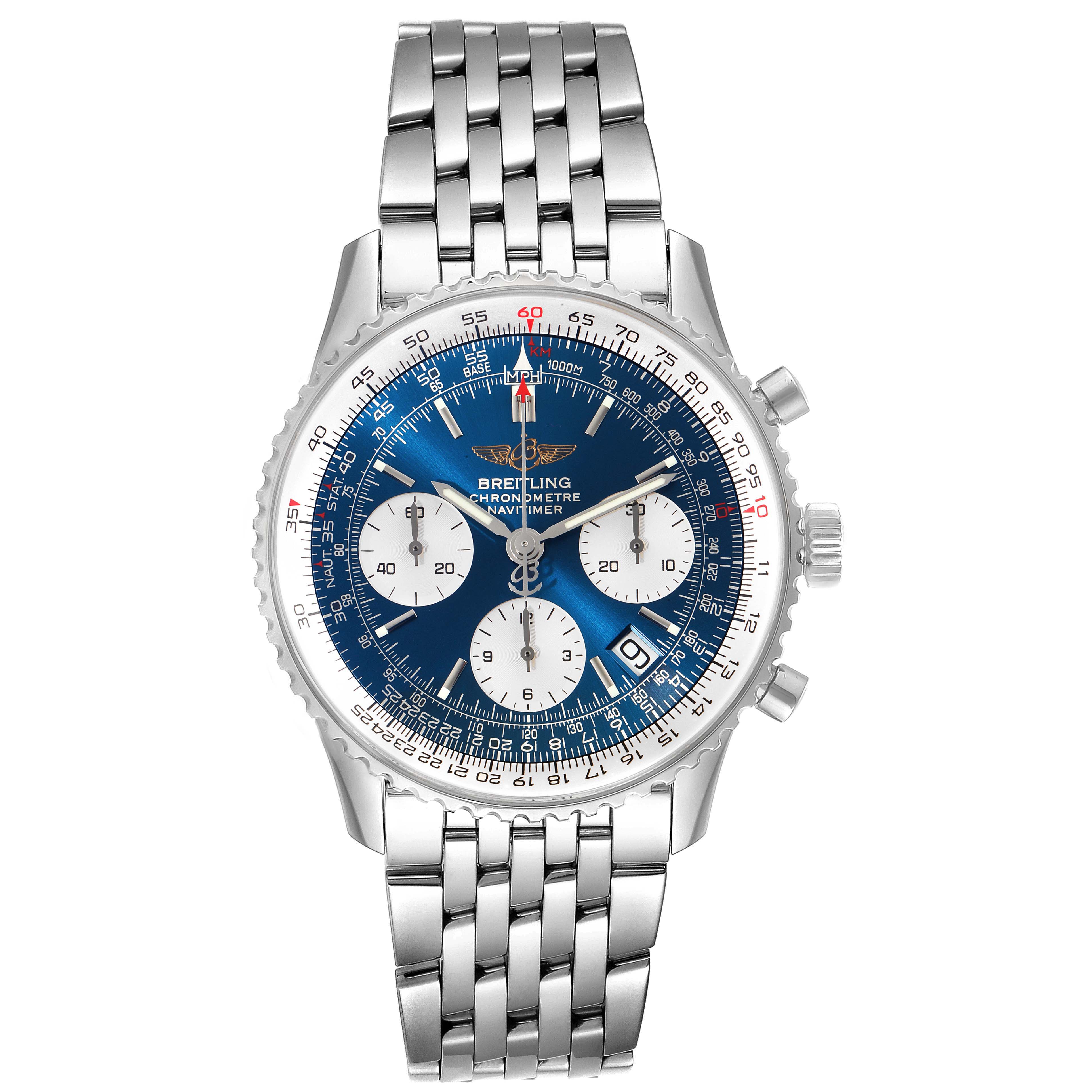 The image shows a front view of a Breitling Navitimer A23322 Men
s Stainless Steel Blue Dial A23322 Men
s Stainless Steel Blue Dial watch featuring a blue dial, chronograph subdials, and a stainless steel bracelet.
