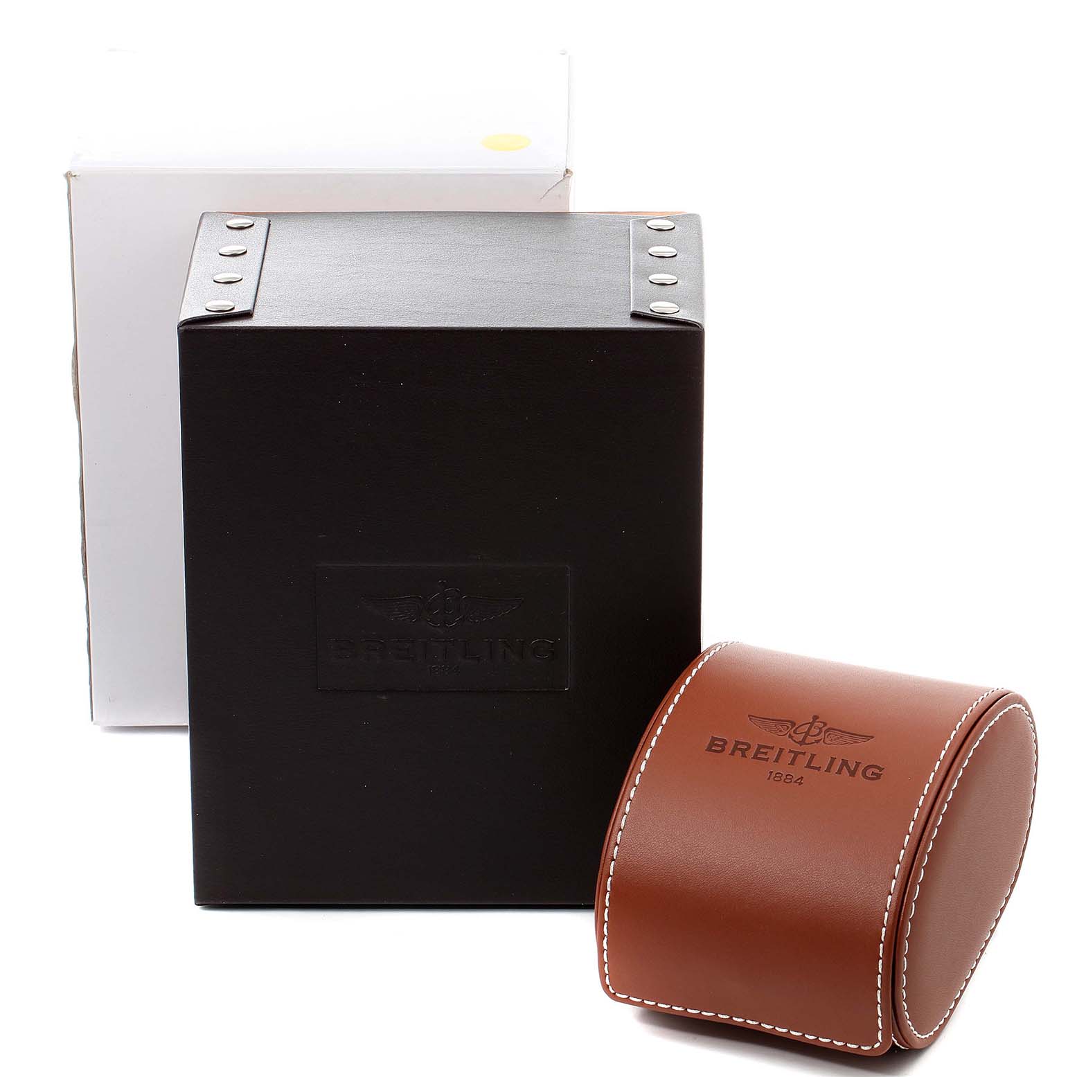 This image shows the packaging, including a leather case and a box, for a Breitling Navitimer A35340 Men's Stainless Steel Grey Dial A35340 Men's Stainless Steel Grey Dial watch.