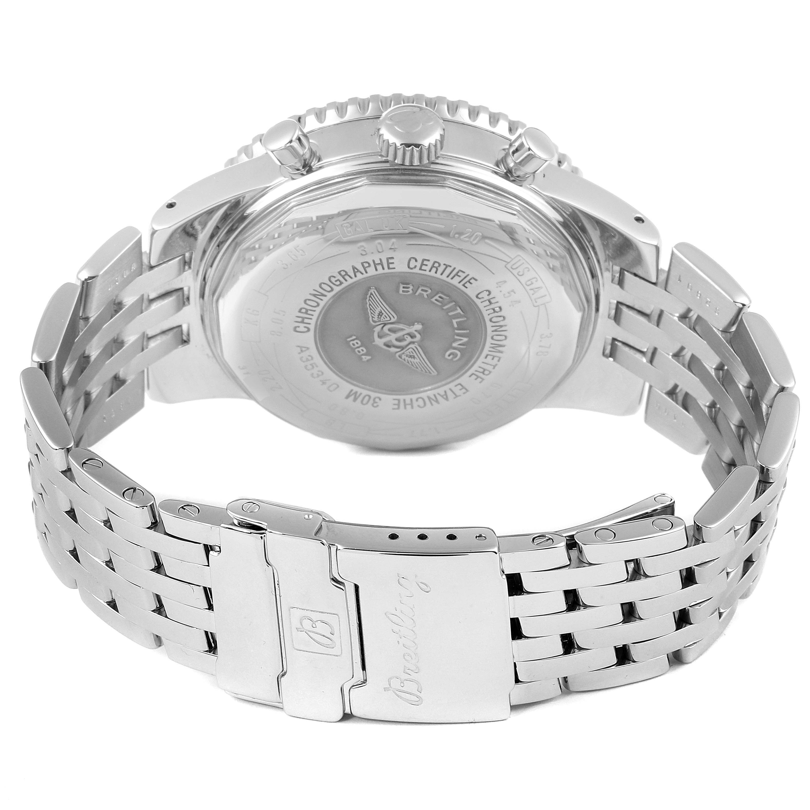 The image shows the back case and metal bracelet of a Breitling Navitimer A35340 Men's Stainless Steel Grey Dial A35340 Men's Stainless Steel Grey Dial watch.