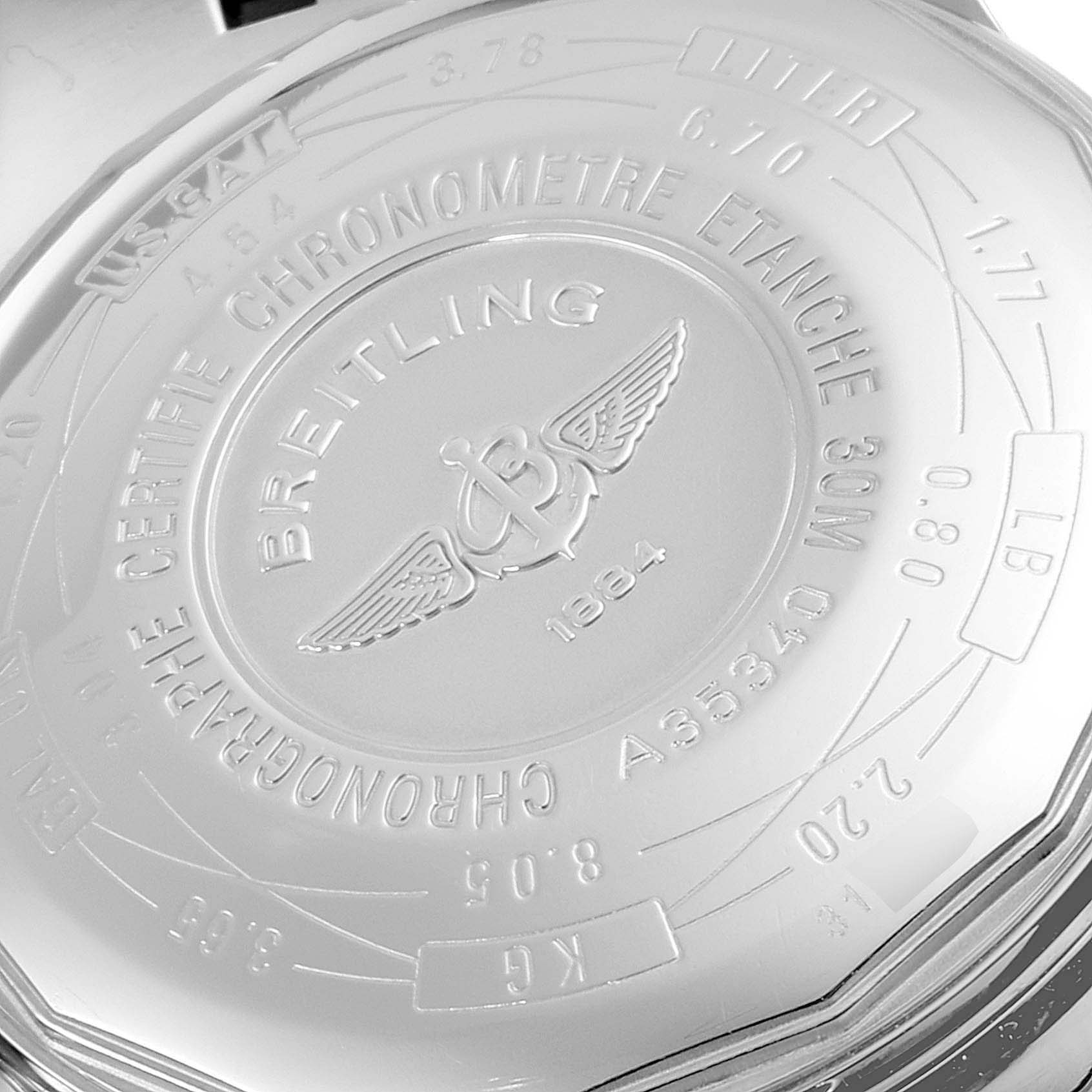 The image shows the back casing of a Breitling Navitimer A35340 Men's Stainless Steel Grey Dial A35340 Men's Stainless Steel Grey Dial watch with engraved details and the Breitling logo.