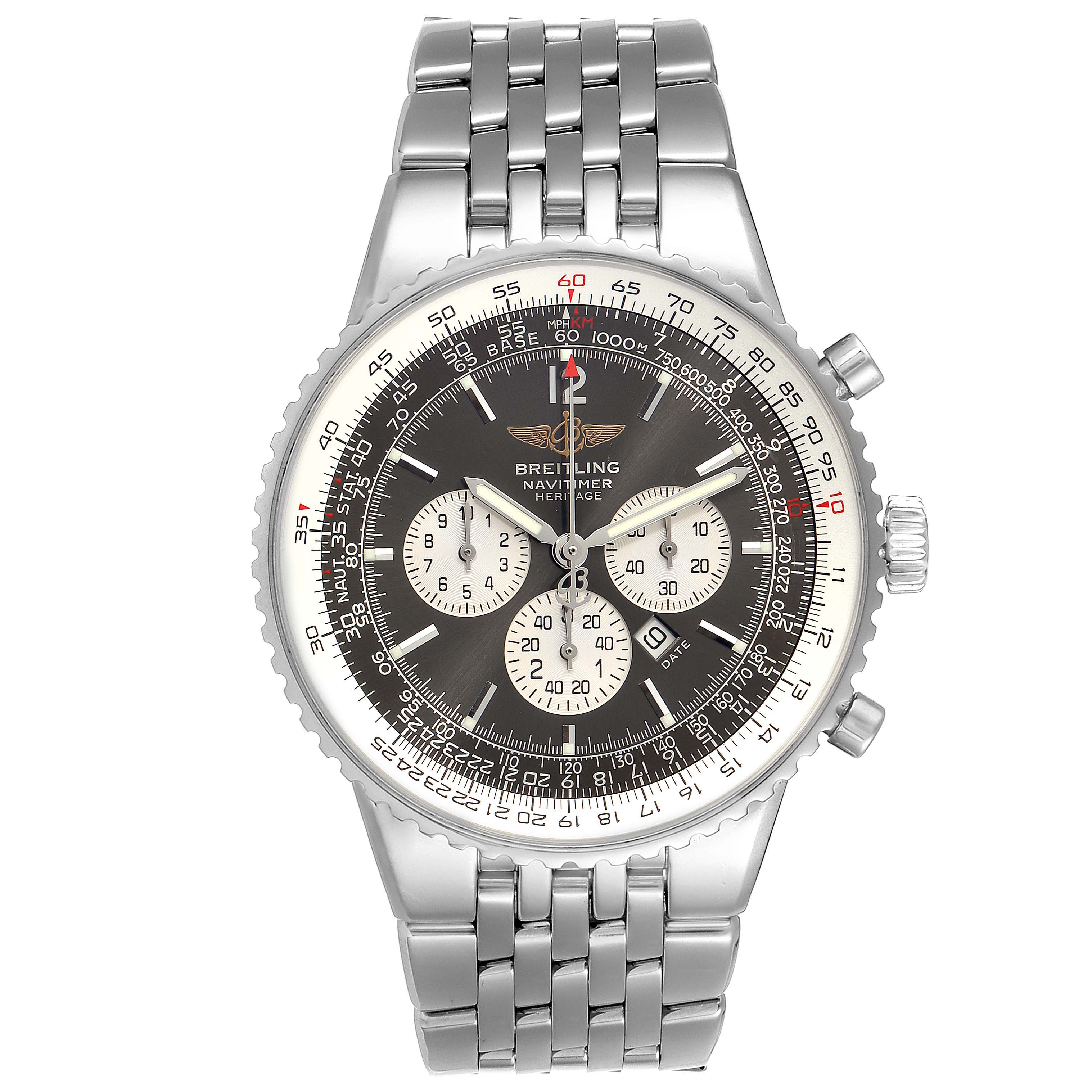 The image shows a front view of the Breitling Navitimer A35340 Men's Stainless Steel Grey Dial A35340 Men's Stainless Steel Grey Dial watch, displaying its face, dial, and bracelet.