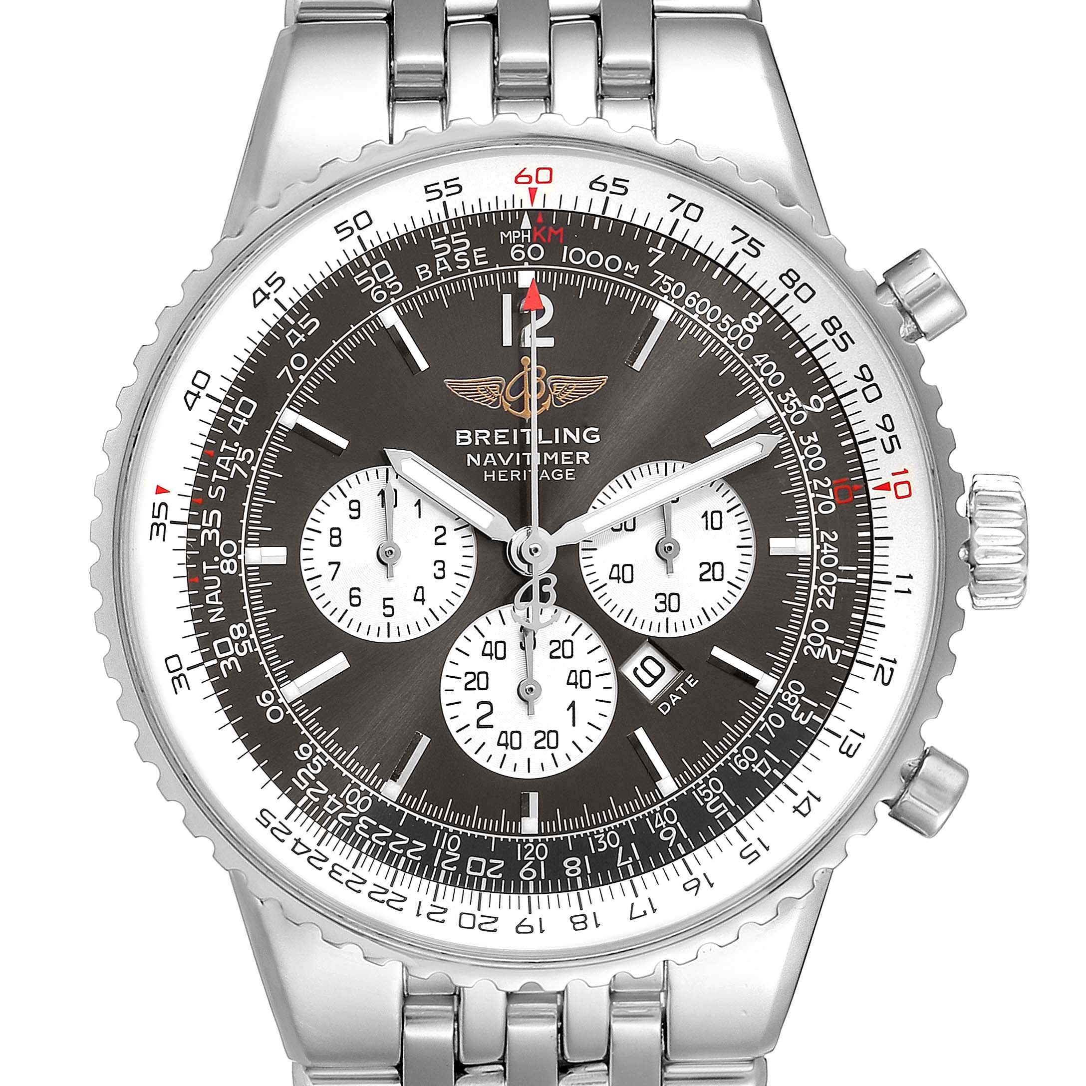 This image shows the dial and bezel of the Breitling Navitimer A35340 Men's Stainless Steel Grey Dial A35340 Men's Stainless Steel Grey Dial watch, including the subdials, bracelet, and crown, from a front angle.