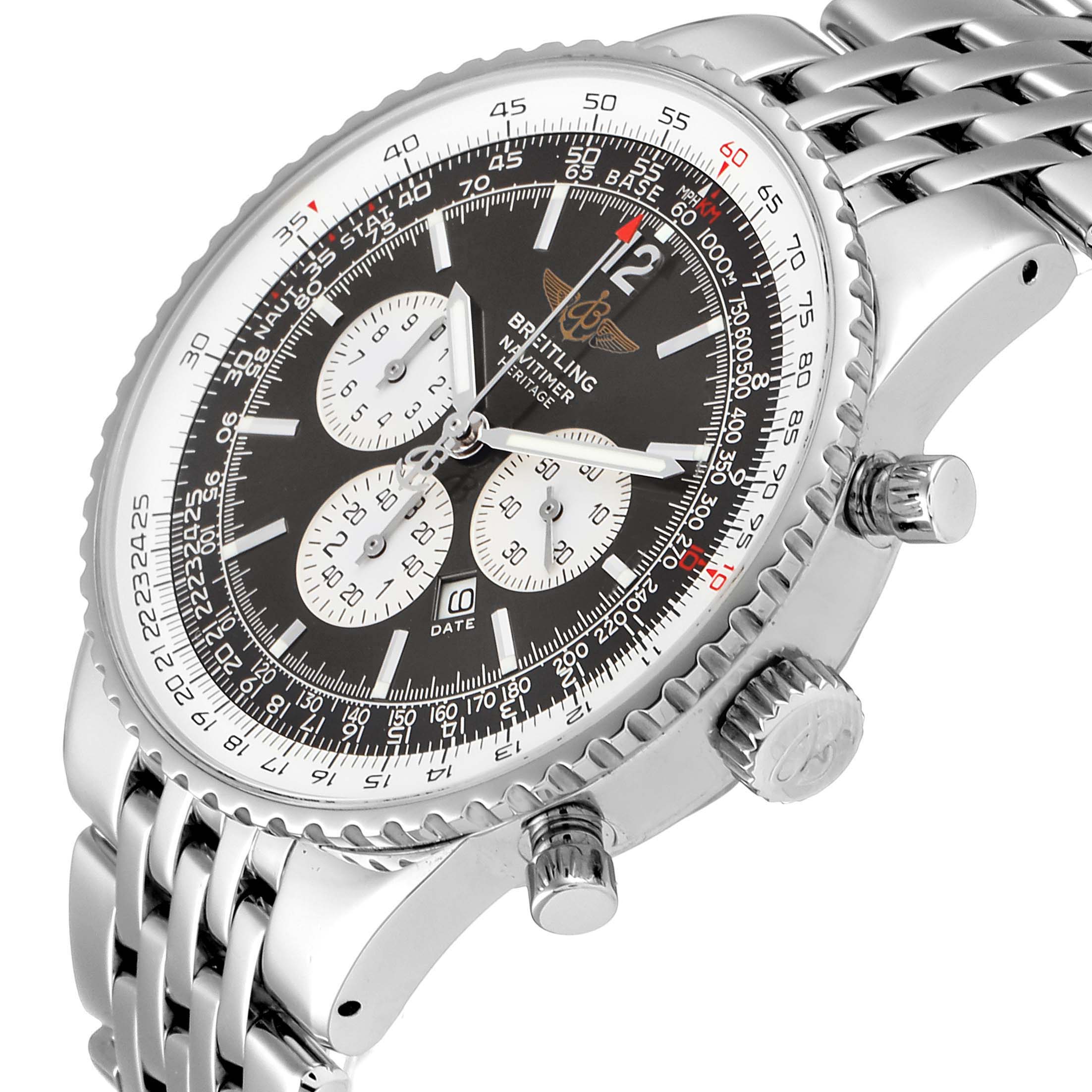 The image shows a close-up angled view of a Breitling Navitimer A35340 Men's Stainless Steel Grey Dial A35340 Men's Stainless Steel Grey Dial watch, highlighting the dial, bezel, and crown.