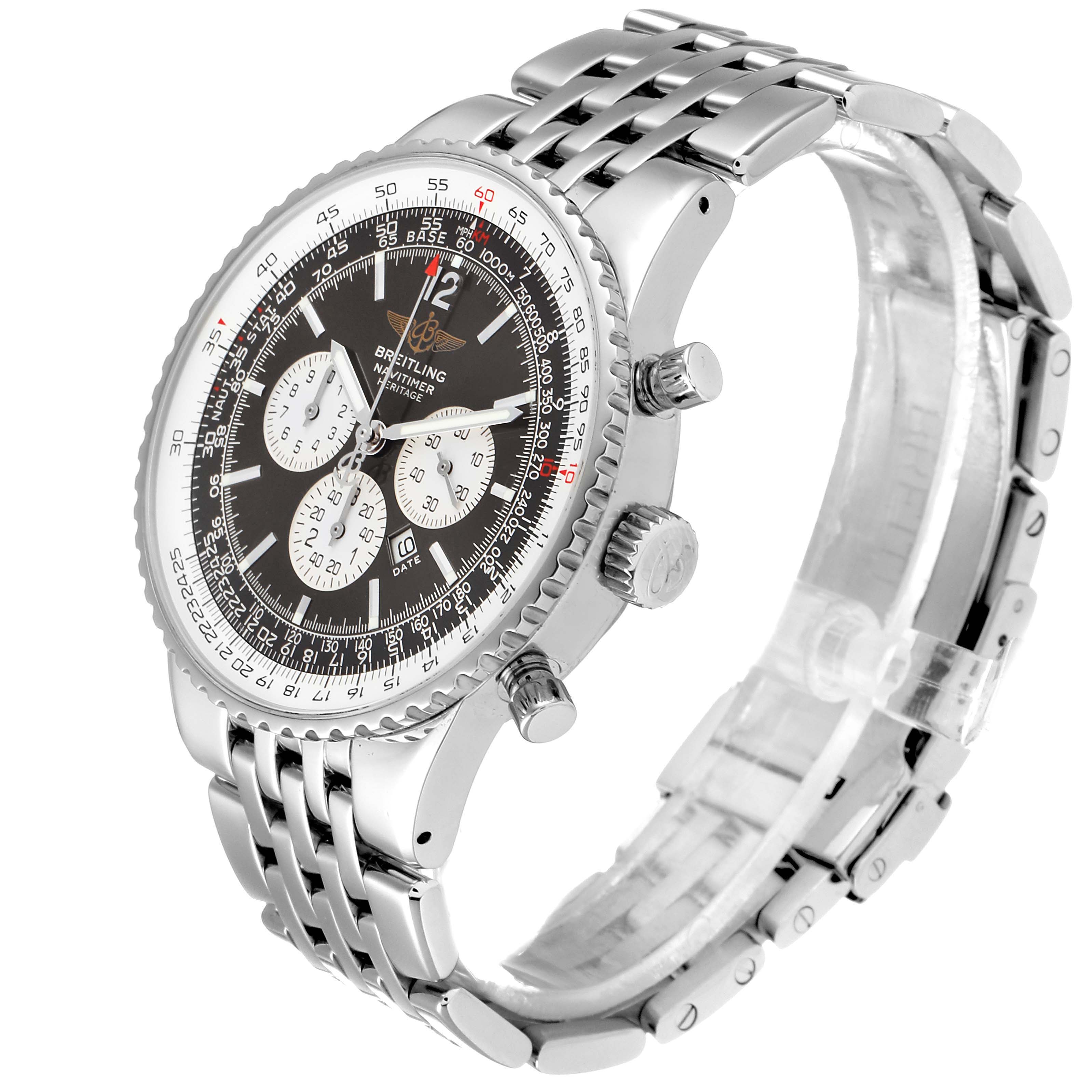 The Breitling Navitimer A35340 Men's Stainless Steel Grey Dial A35340 Men's Stainless Steel Grey Dial watch is shown at a 3/4 angle, highlighting its stainless steel case, dial, and bracelet.
