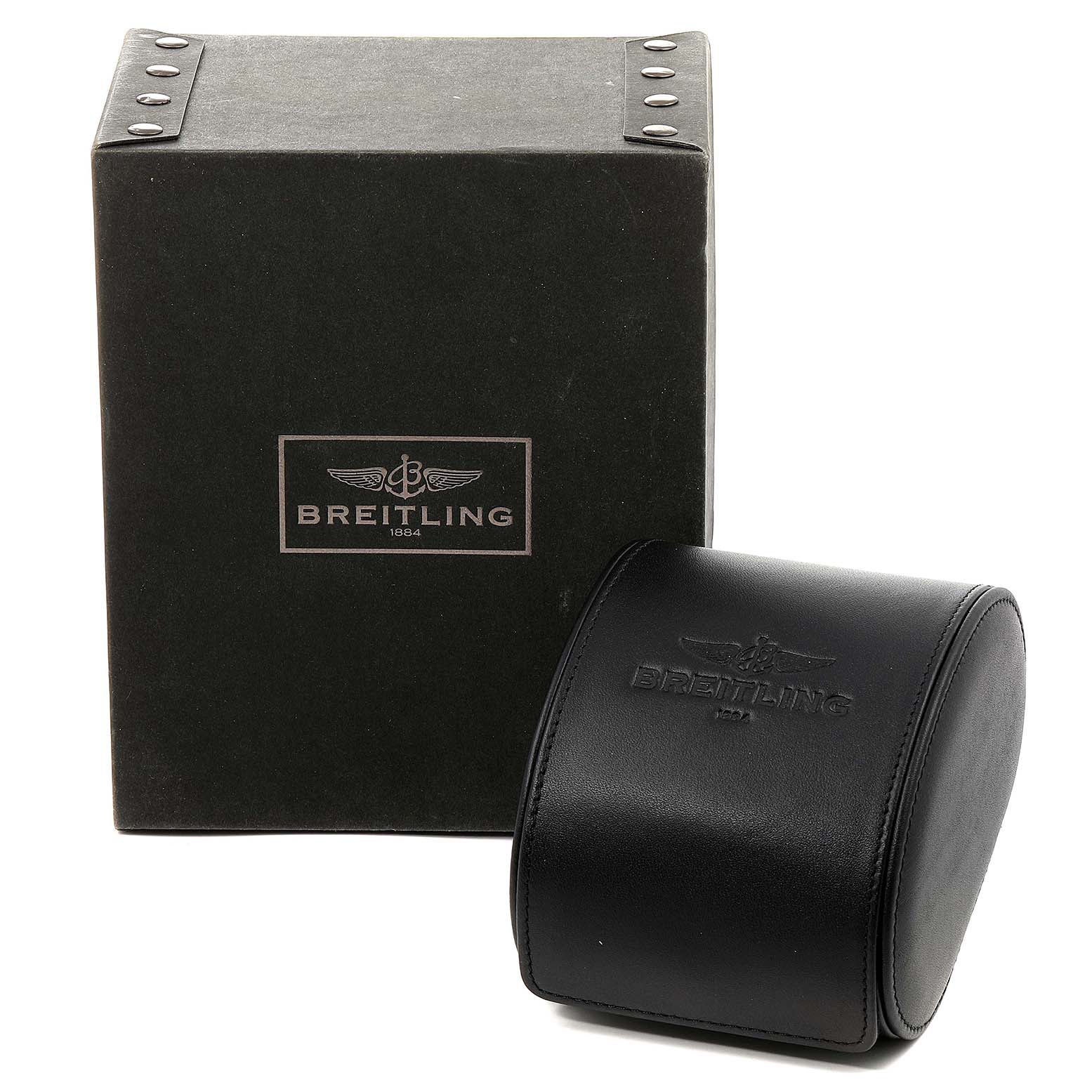 The image shows the packaging box and the leather watch case for the Breitling Superocean A17392D8/C910 Men's Stainless Steel Black Dial A17392D8/C910 Men's Stainless Steel Black Dial model.