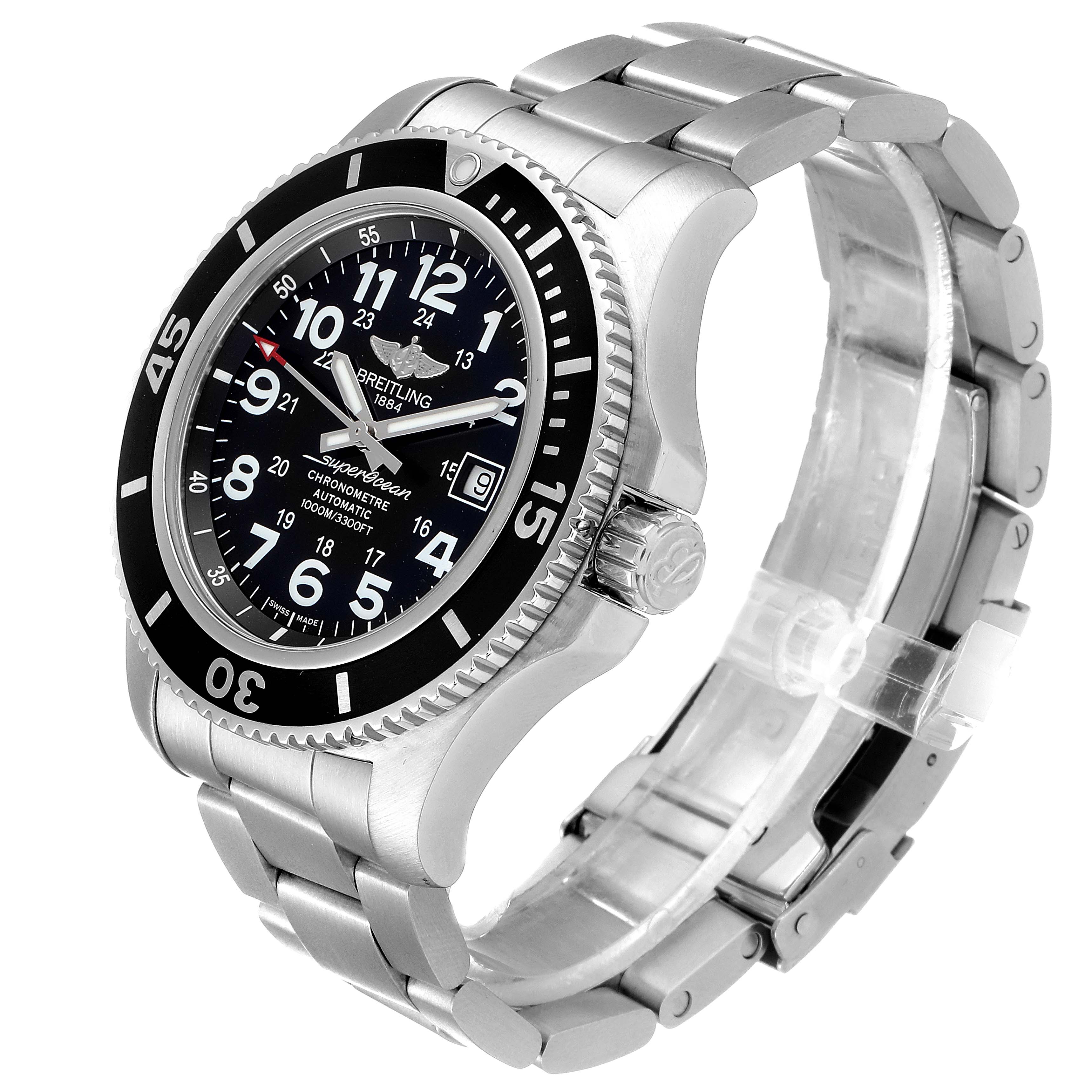 The image shows a Breitling Superocean A17392D8/C910 Men's Stainless Steel Black Dial A17392D8/C910 Men's Stainless Steel Black Dial watch at a three-quarter angle, displaying the face, crown, and stainless steel bracelet.