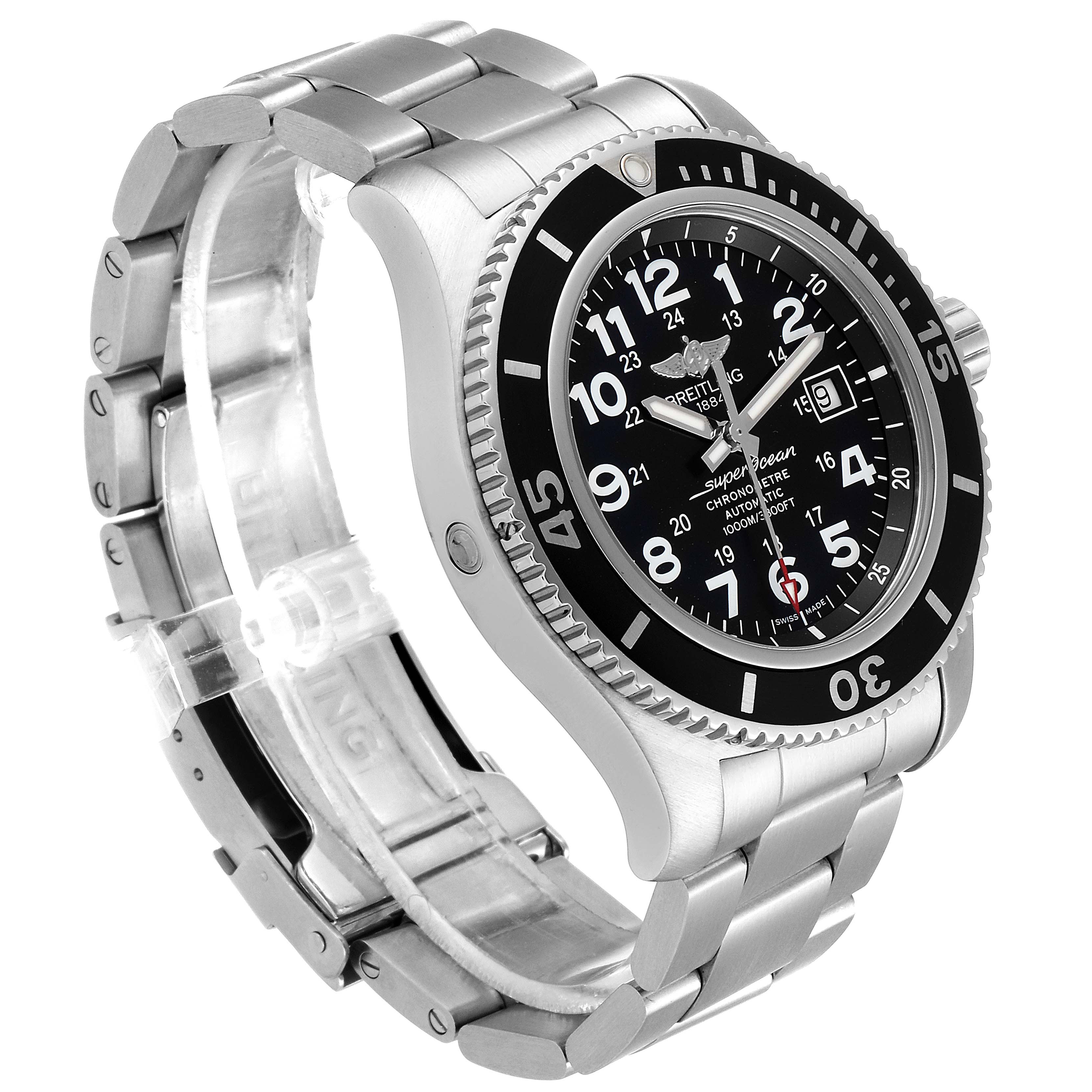 The image shows a Breitling Superocean A17392D8/C910 Men's Stainless Steel Black Dial A17392D8/C910 Men's Stainless Steel Black Dial watch at a three-quarter angle, displaying the dial, bezel, crown, and metal bracelet.