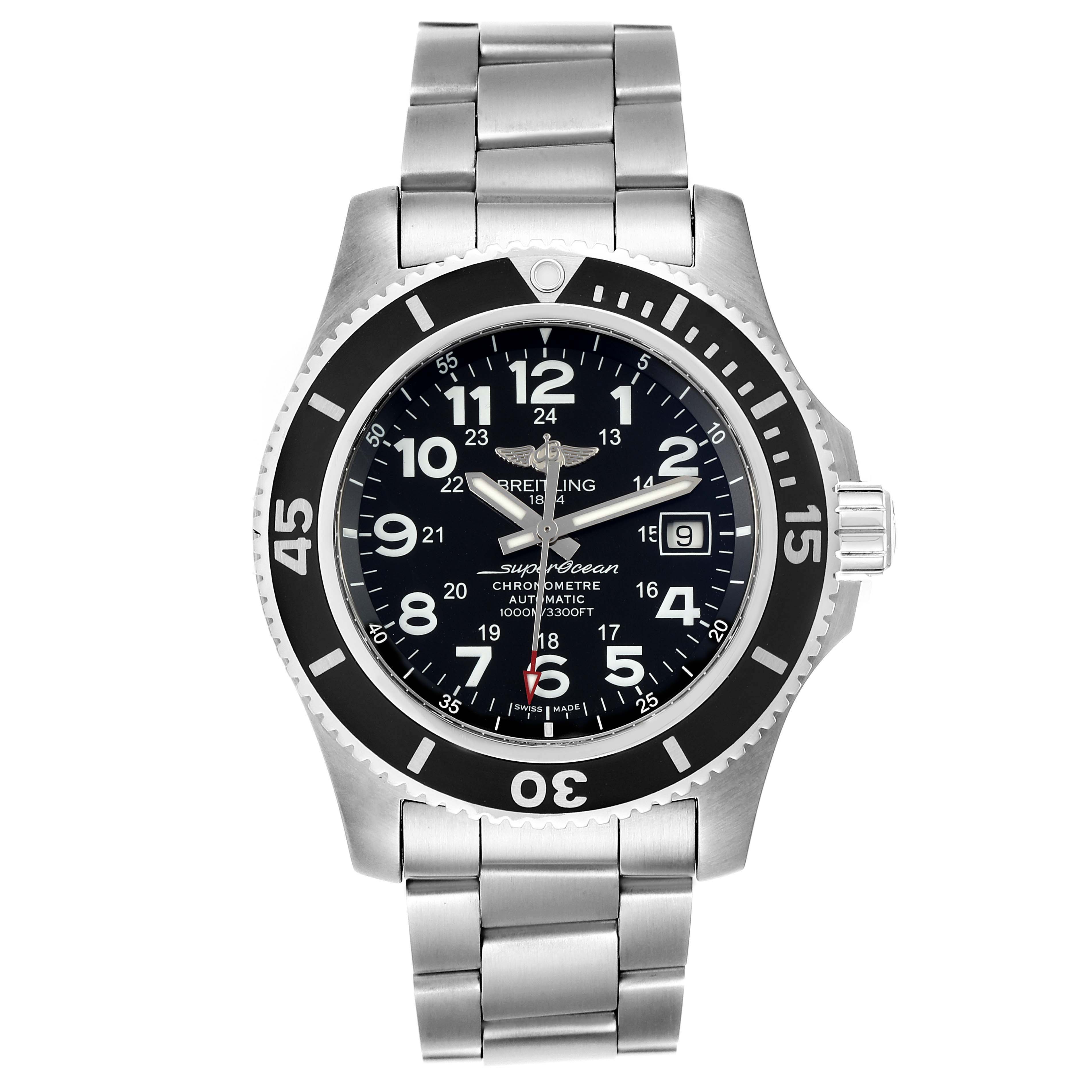 This image shows a Breitling Superocean A17392D8/C910 Men's Stainless Steel Black Dial A17392D8/C910 Men's Stainless Steel Black Dial watch from a front view, highlighting the dial, bezel, case, and bracelet.