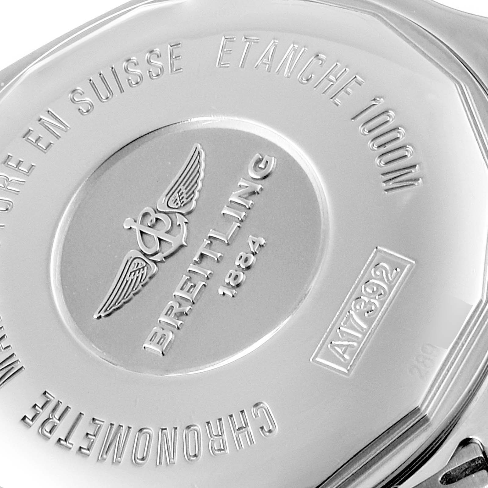 This image shows the back case of the Breitling Superocean A17392D8/C910 Men's Stainless Steel Black Dial A17392D8/C910 Men's Stainless Steel Black Dial watch, highlighting the model number, brand logo, and specifications.